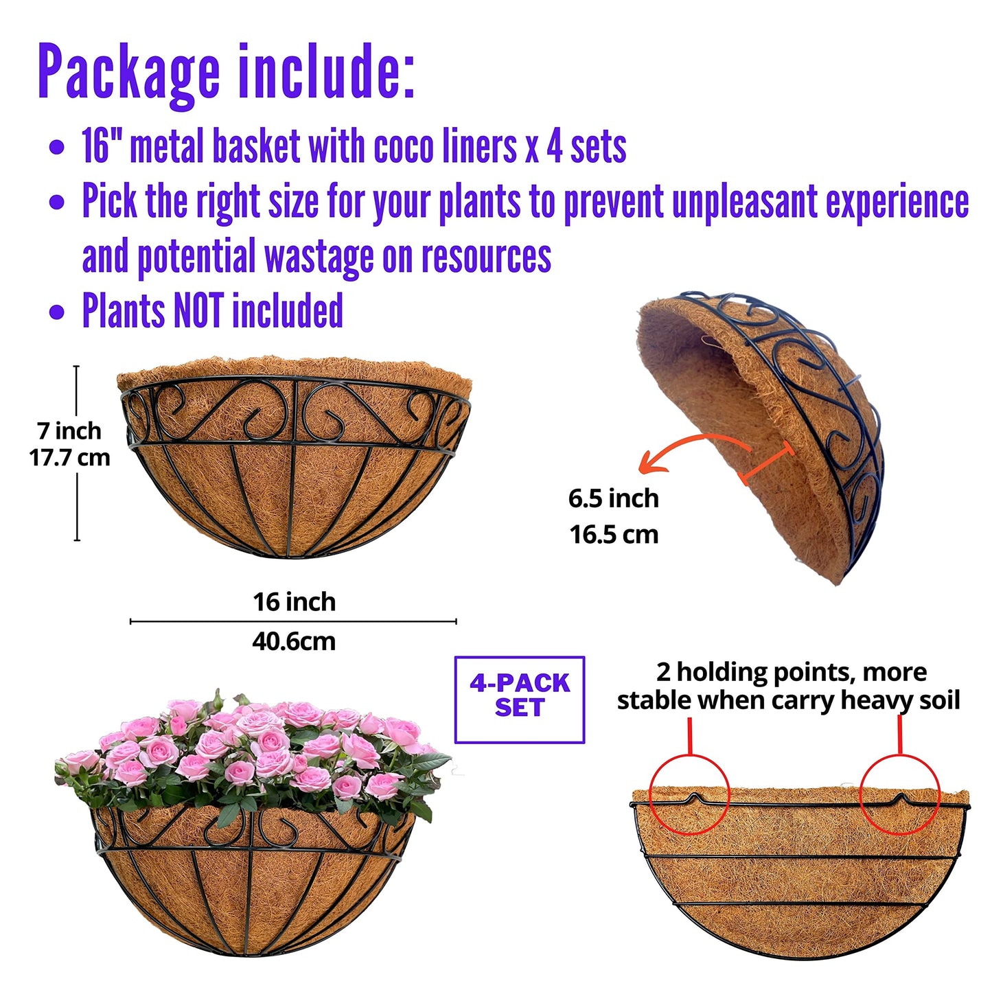 LaLaGreen Wall Mounted Flower Baskets (4 Pack 16 Inch) Large Railing Planter Deck Rail Hanging Plant Pots Holders with Coco Liner Outdoor, Metal Herb Fence Porch Balcony Garden Patio Window Box Trough