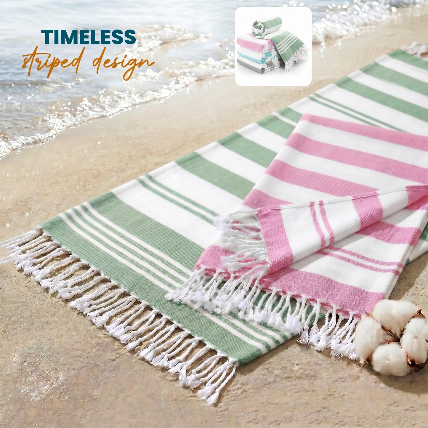 Utopia Towels [4 Pack Turkish Beach Towel (40 x 72 Inches) - 100% Cotton Oversized Sand Free Lightweight & Quick-Dry, Prewashed for Soft Feel Large Peshtemal Towel (Cool Grey, Aqua, Pink, Sea Foam)