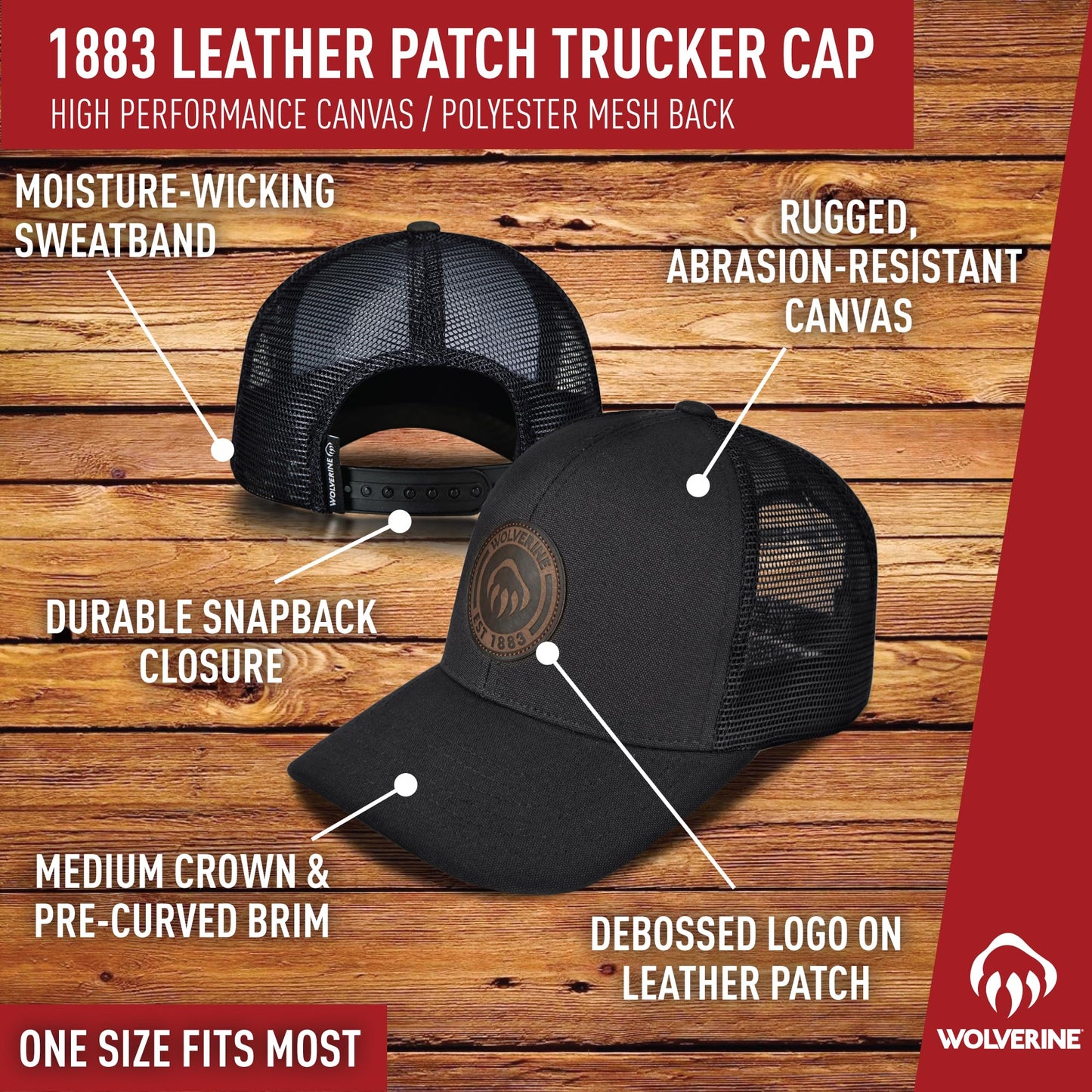 Wolverine Trucker Hat | Mesh Back | Snapback | Adjustable | Rugged | Durable | Workwear, 1883 - Black Olive, One Size