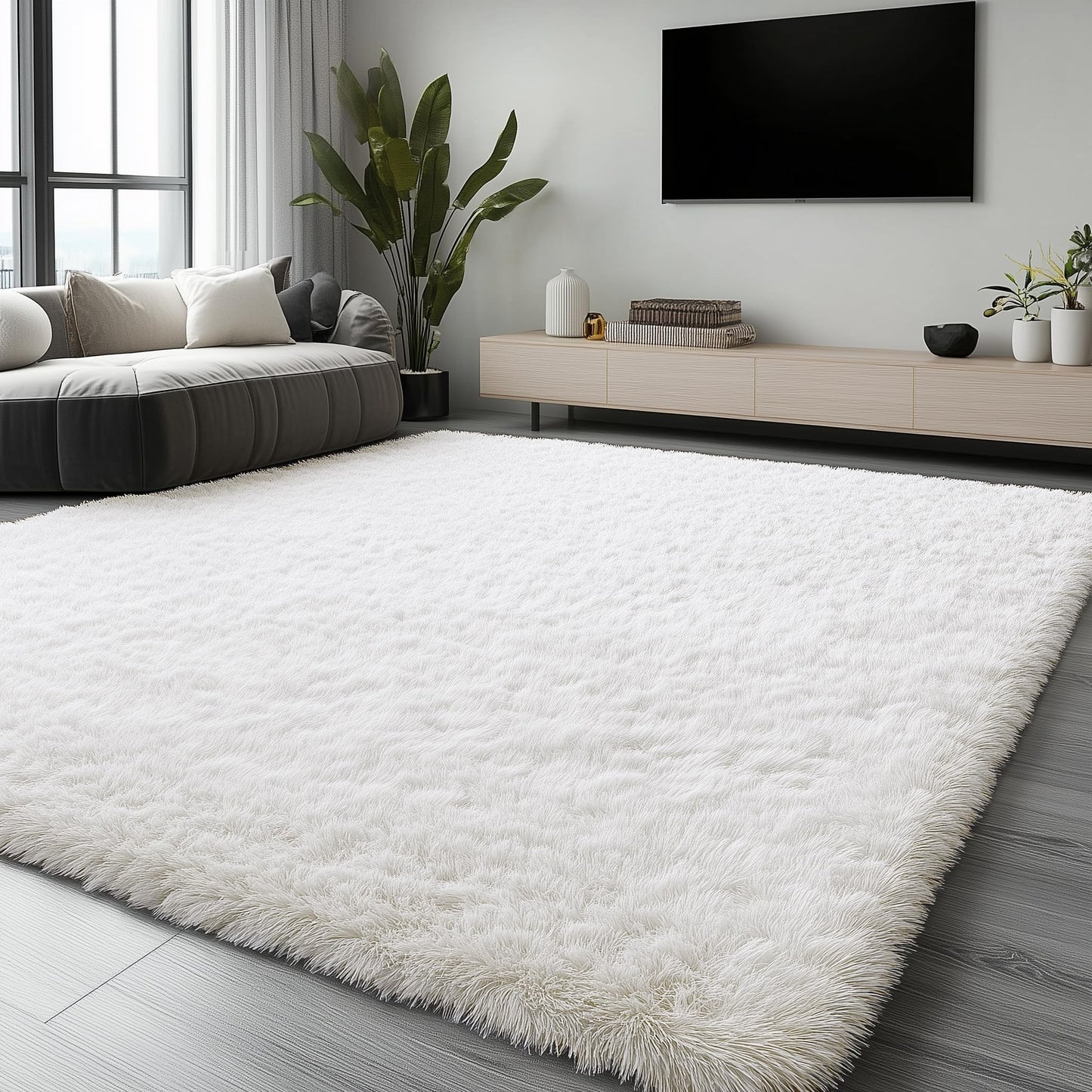 OLANLY Fluffy Area Rug for Living Room Bedroom, 6x9 Feet Soft Shaggy Non-Slip Carpet, Indoor Modern Plush Area Rugs for Kids Girls and Boys, Dorms, Nursery Rooms, Home Decor, Cream White