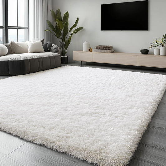 OLANLY Fluffy Area Rug for Living Room Bedroom, 6x9 Feet Soft Shaggy Non-Slip Carpet, Indoor Modern Plush Area Rugs for Kids Girls and Boys, Dorms, Nursery Rooms, Home Decor, Cream White