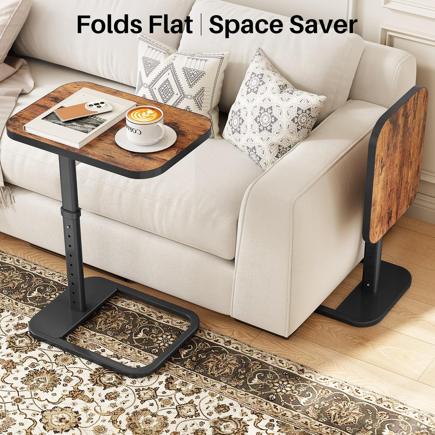 Kitstorack TV Tray Table, Adjustable Height & 90° Flip-Over Panel Design, Sofa Arm End Side Table for Eating Laptop Couch Bed Dinner or Small Spaces (Rustic Brown,Black)