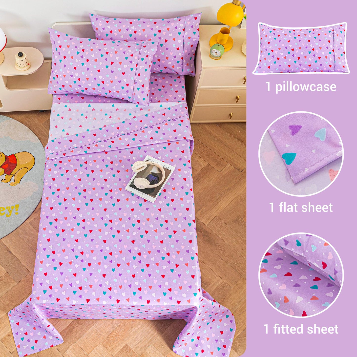 Viviland Kids Twin Sheet Set - Girls Purple Twin Sheet Set - Kids Toddlers Twin Microfiber Single Fitted Sheets and Pillowcase - Colorful Hearts Printed