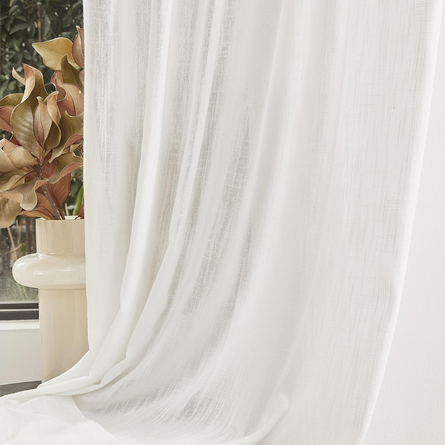 MYSKY HOME Natural Linen White Curtains 84 Inches Long, Semi Sheer Soft Cotton Window Drapes Set for Living Room Back Tab Elegant Cute Look Country Bedroom Curtains, 50" x 84", Beige, 2 Panels