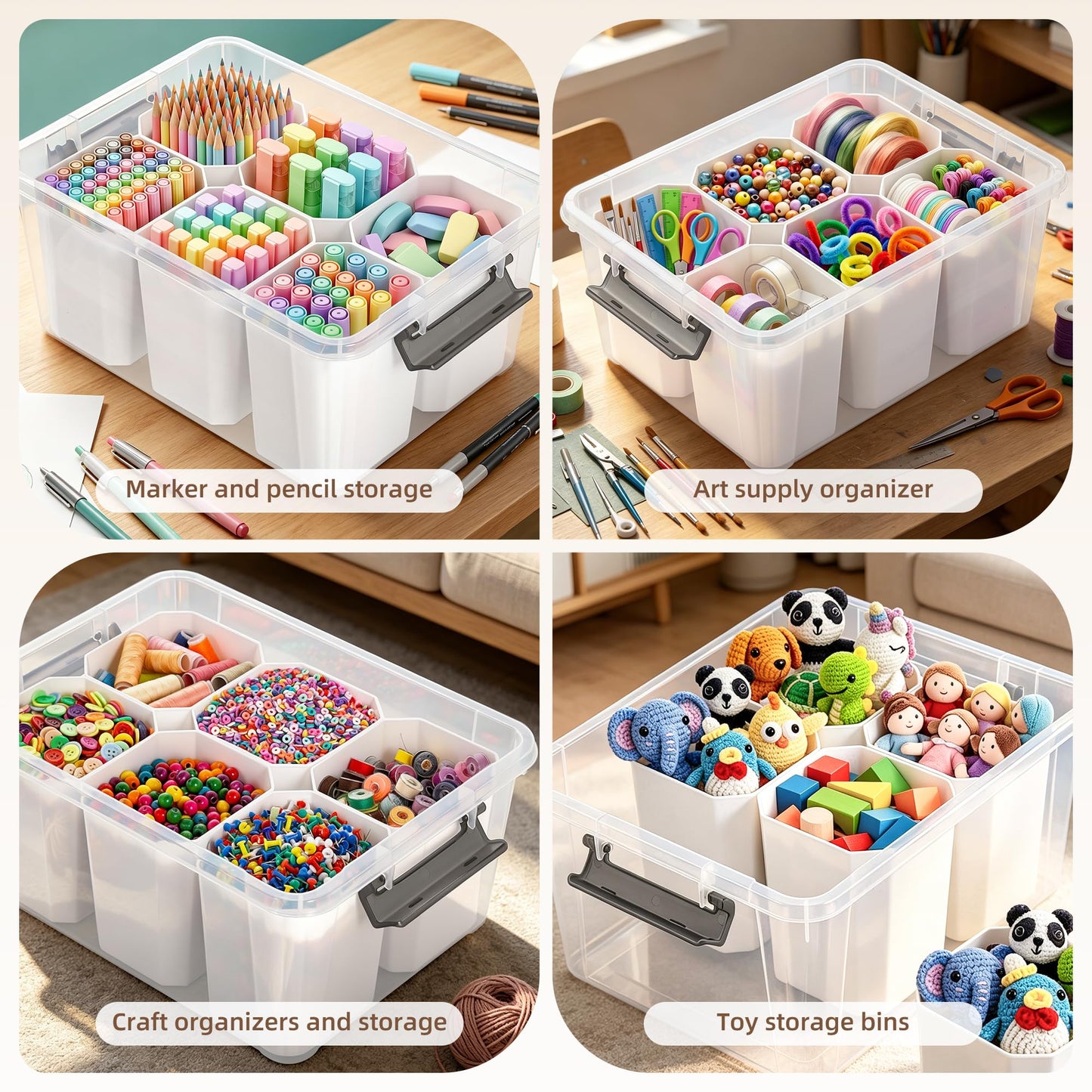 Citylife 17 QT Plastic Storage Bins with 6 Detachable Inserts Clear Storage Box with Lids Multipurpose Stackable Storage Containers for Organizing Crayon, Tool, Craft