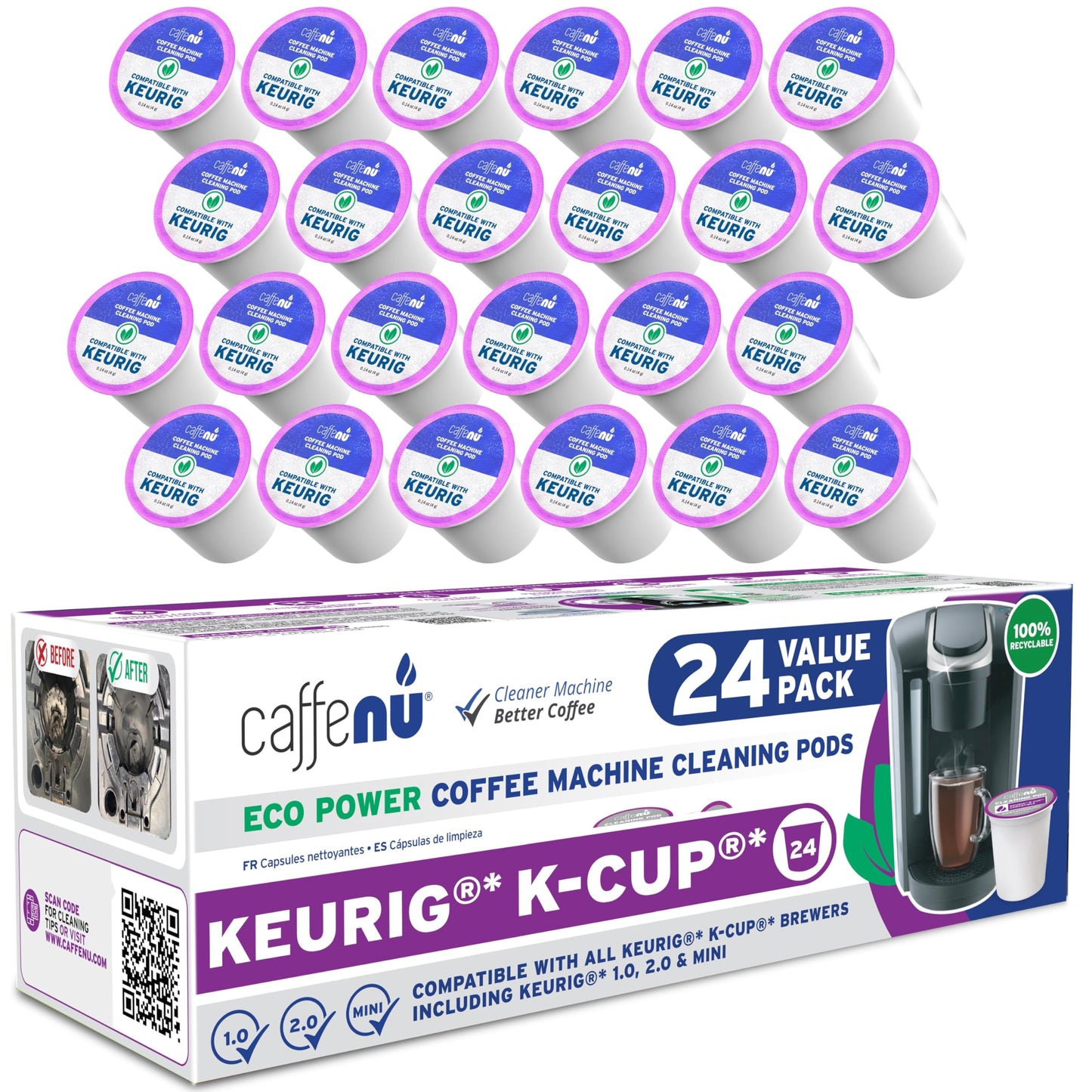 Keurig Compatible Cleaning Pods. 24 Rinse Pods Cleaner Kit. Eco Friendly, Removes Stale Coffee Residue & Stains. Keurig 1.0 & 2.0 Machines.