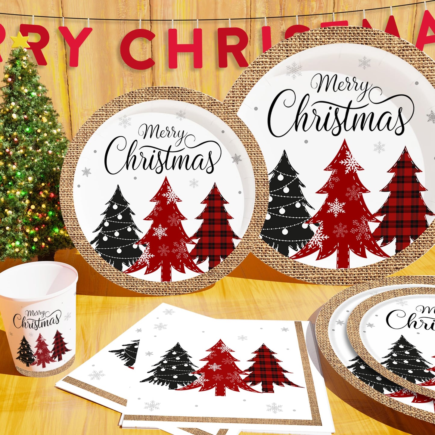 Christmas Paper Plates and Napkins(Serves 25), Christmas Plates Disposable, Christmas Tree Plates and Napkins set Included Dinner Plates, Dessert Plates, Napkins and Cups,Christmas Party Supplies