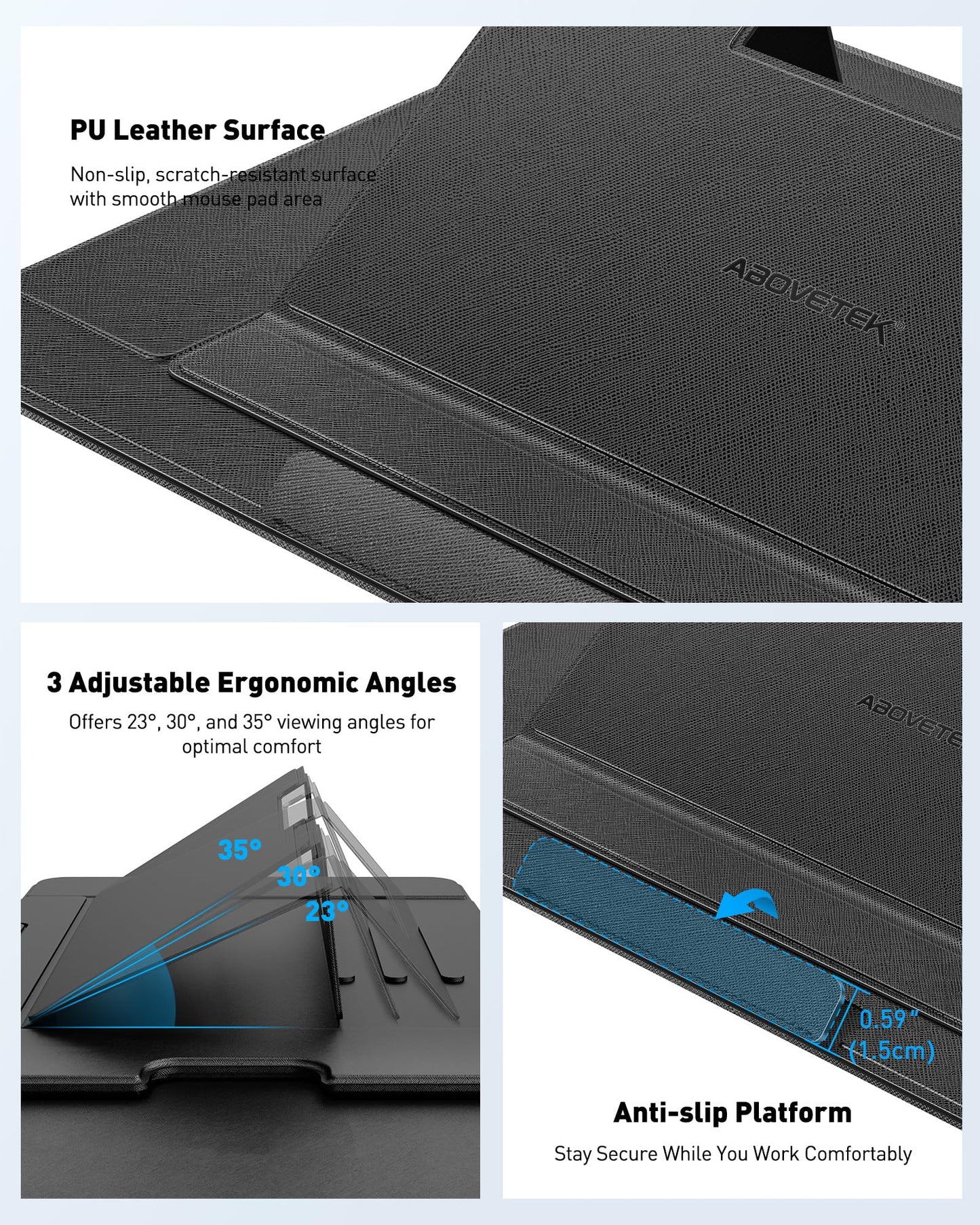 AboveTEK Adjustable Laptop Lap Desk, Portable Lap pad Workstation with Retractable Mouse Pad | 3 Ergonomic Angles, PU Leather Non-Slip Surface, Heat Shield, for Bed, Sofa, Travel