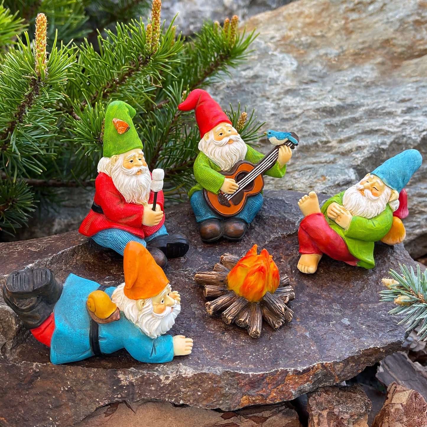 Mood Lab Miniature Garden Gnomes - Camping Gnome Figurines & Accessories Set (5 pcs) 2.6" H - Indoor Outdoor Garden Decor