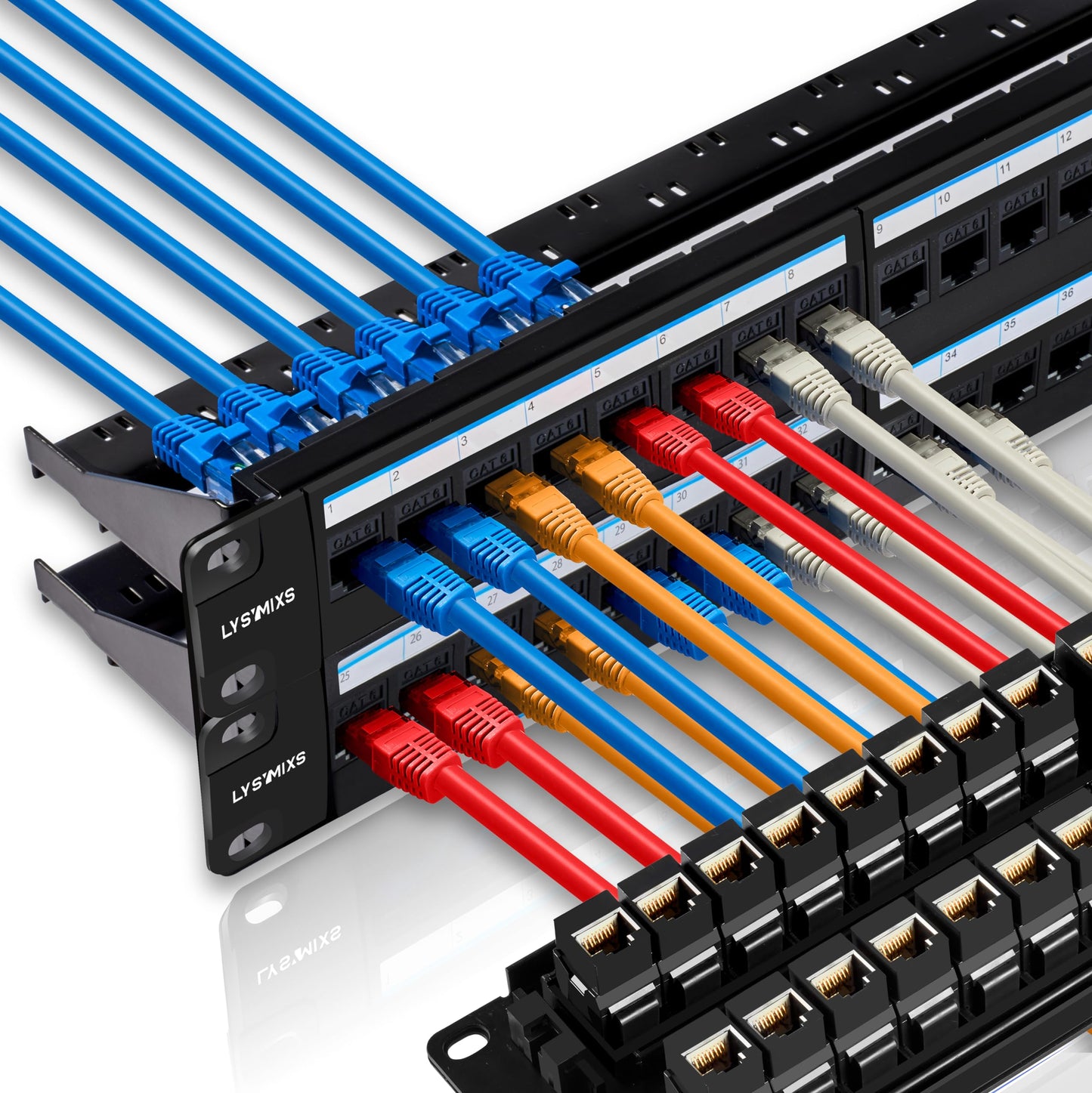 Lysymixs 48 Port RJ45 Cat6 Patch Panel, 19 Inch, Black, Easy Install & Repair, Gold Plated Keystone, Rack Mountable