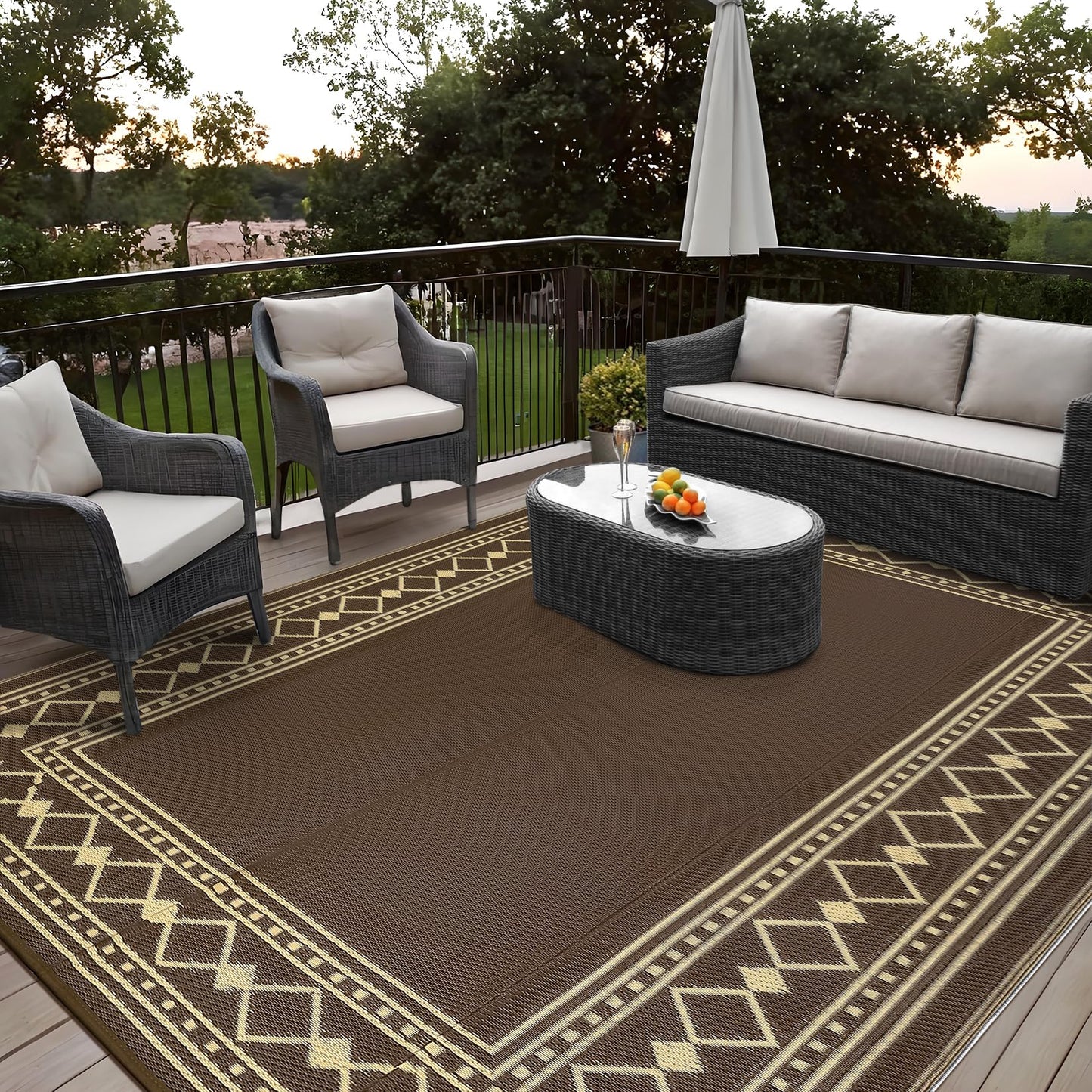 Garvee 6x9 Outdoor Camping Rug for Garden Contemporary Diamond Bordered Outdoor Picnic Mat Washable Non-Slip Easy-Clean Camper Carpets Brown Folding Portable Area Rug for Beach Backyard RV