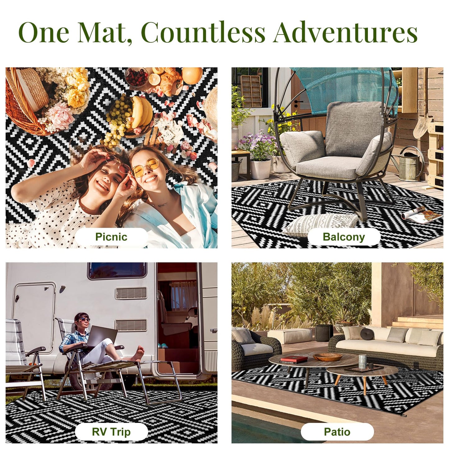 OPPODREAM Outdoor Rug 5x7 Ft, Waterproof Outdoor Plastic Straw Rug for Patio, Reversible Out Door Carpet for Camping, Deck, Rv, 5 x 7 Area Carpet Balcony, Porch, Backyard, Black and White
