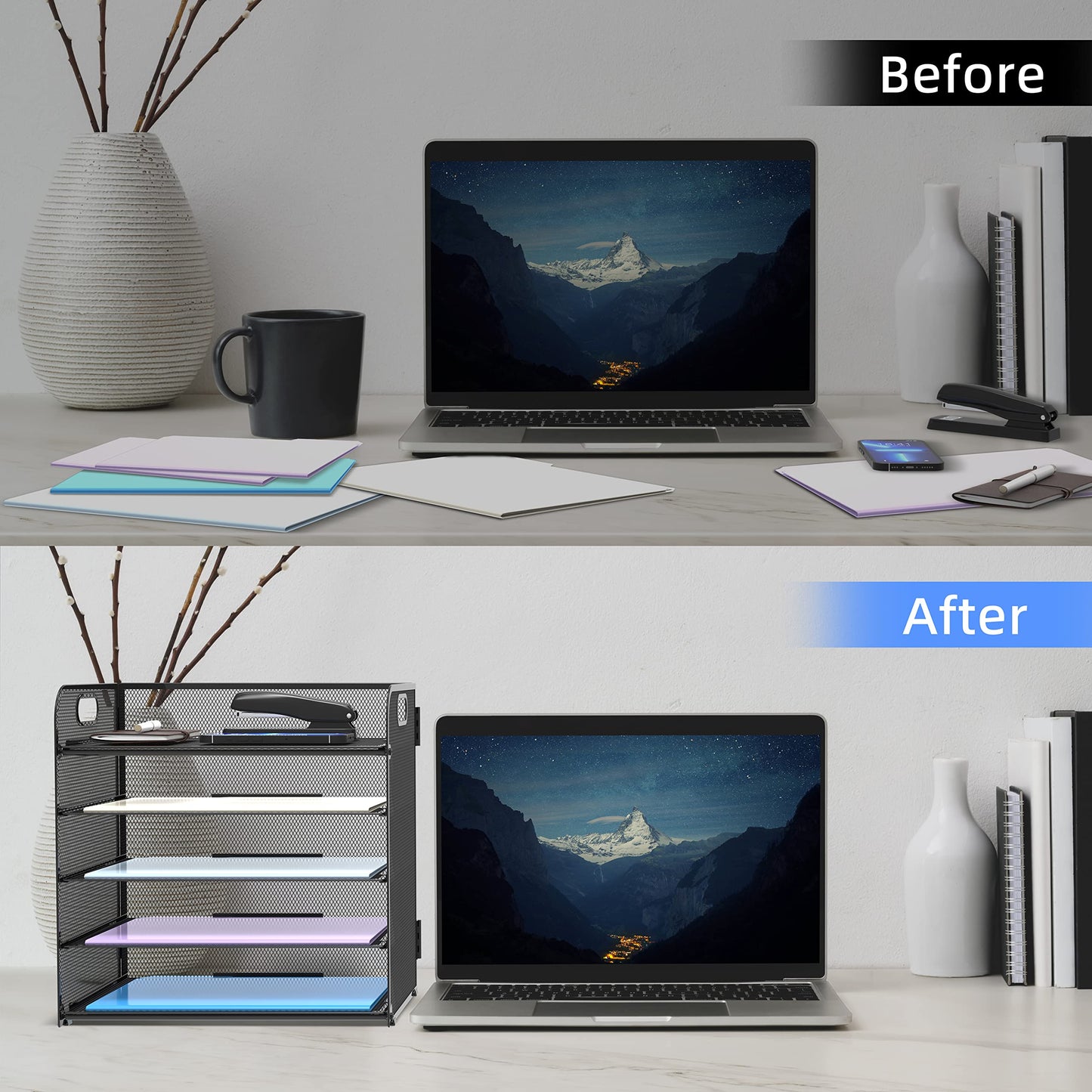 Supeasy 5 Trays Paper Organizer Letter Tray with Handle-Mesh Desk File Organizer, Paper Sorter for Office, Home or School, Black