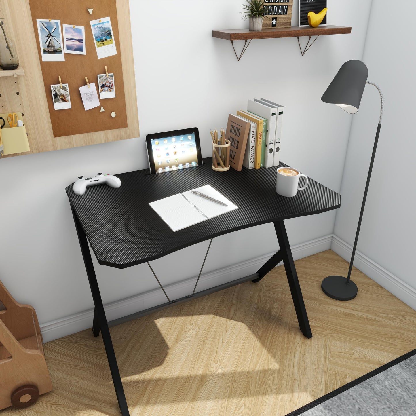 DEILALY 35In Carbon Fiber Small Gaming Desk W90CM Small Computer Table Gamer Desk Office Home Study Work Station Bureau Pupitre PC Table Steel Legs Dormitory Apartment Corner Desk