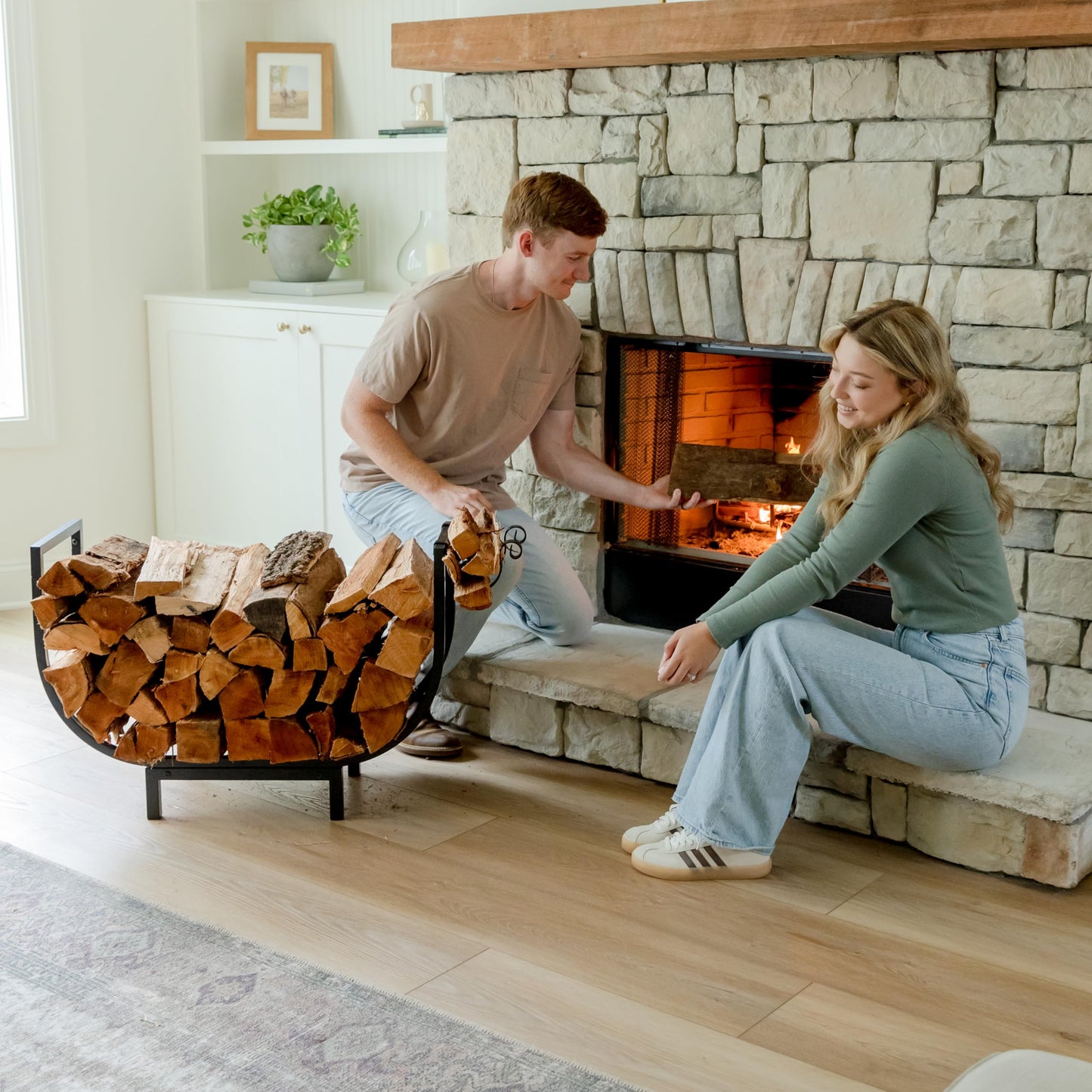 FireProof Pros Outdoor Firewood Racks or Indoor Wood Holder with Kindling Hooks. 32in Curved Wood Rack. Double Coated Firewood Storage Outdoor Waterproof, Rustproof, Stable Fireplace Log Holder
