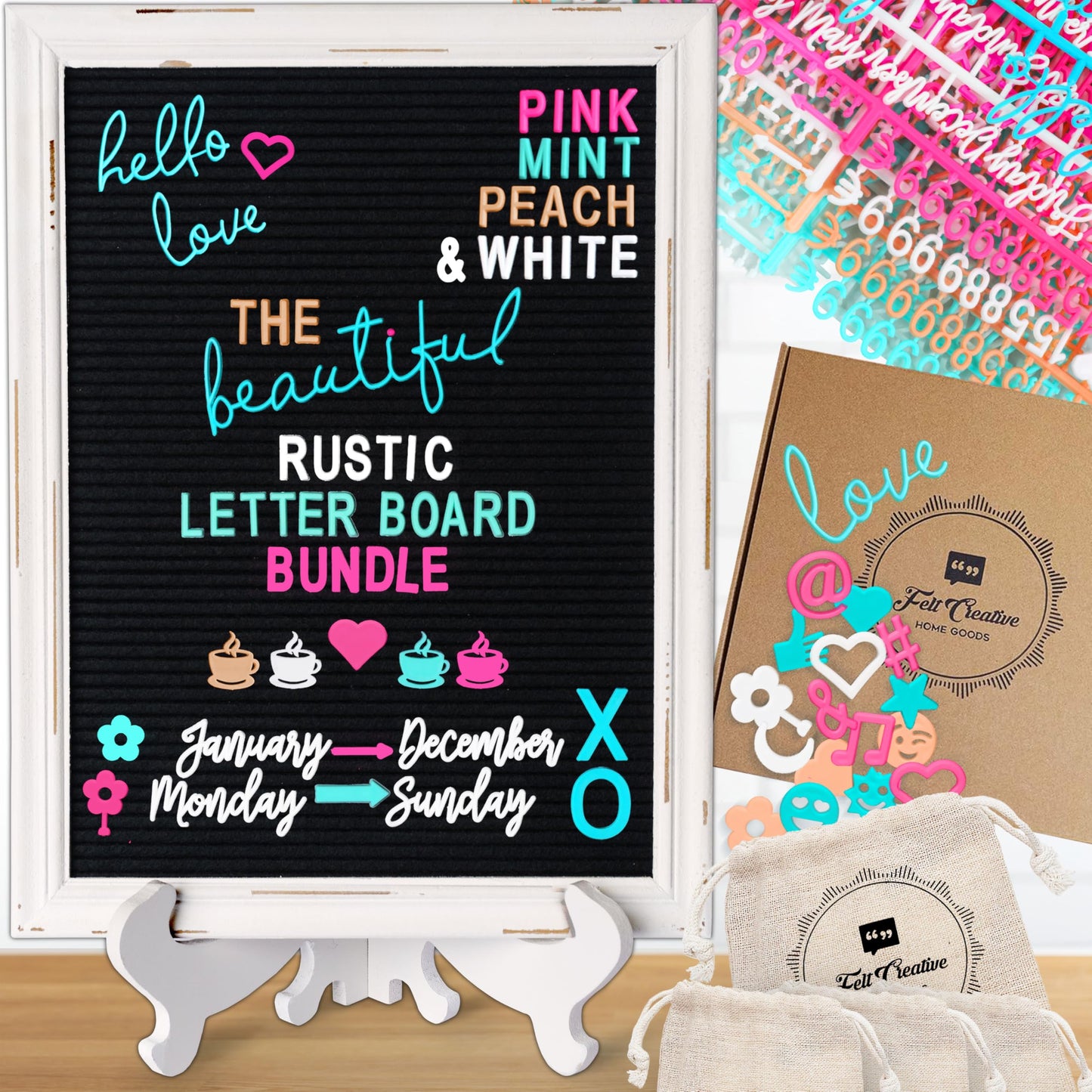 Rustic Felt Letter Board Ultimate Bundle Farmhouse Vintage White Wood Frame and Stand by Felt Creative Home Goods Changeable Message Memo Board 800+ Letter Set (Black, 12x16 Inches)