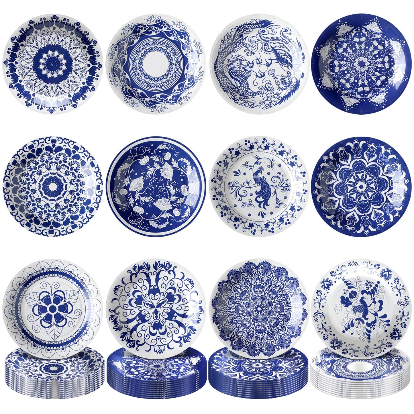 Nitial 120 Pcs Blue and White Flower Paper Plates 9 Inch Chinoiserie Disposable Serve 30 Guests Blue Flower Paper Disposable Dinnerware for Bridal Baby Shower Wedding Tea Party Decor(Round)