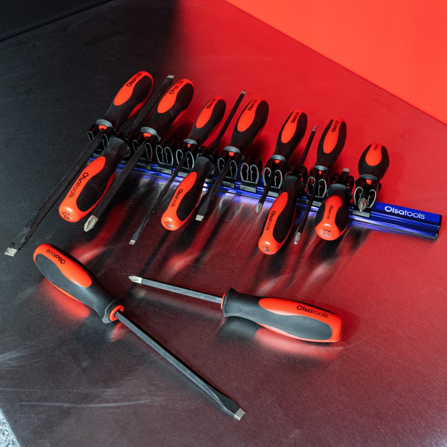 Olsa Tools Magnetic Screwdriver Organizer - Professional Quality Magnetic Tool Holder - Fits up to 16 Screwdrivers - Blue - Part: 1114