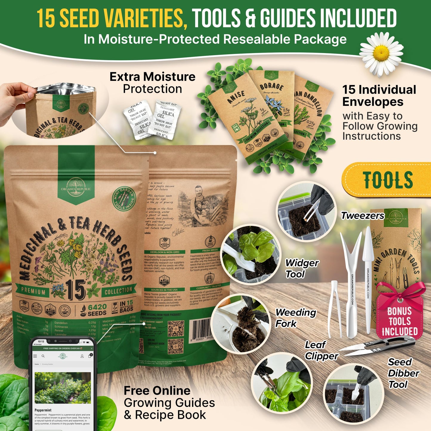 15 Medicinal & Tea Herb Seeds Variety Pack for Planting Indoor & Outdoors. 3600+ Non-GMO Heirloom Herbal Garden Seeds: Anise, Borage, Cilantro, Chamomile, Dandelion, Rosemary, Peppermint Seeds & More