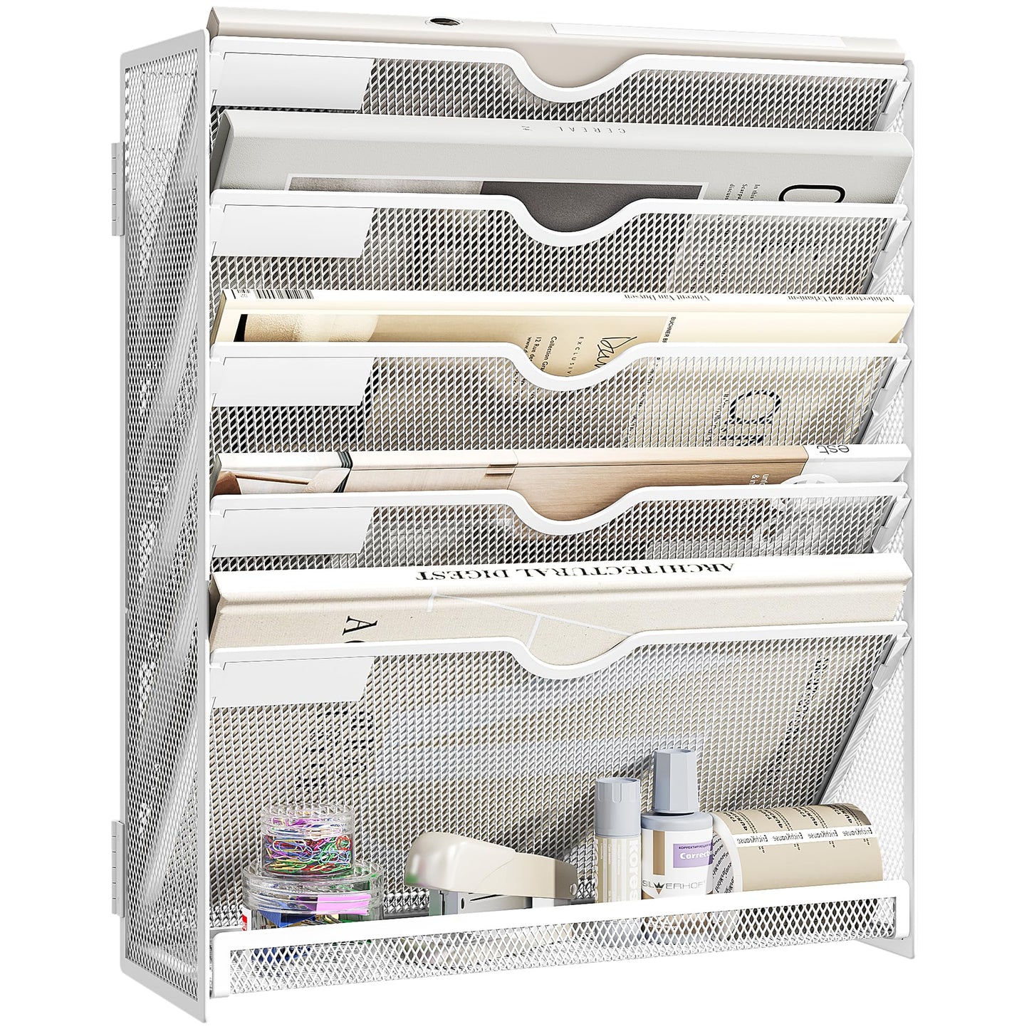 SUBEKYU 6-Tier A4 Wall Mounted File Organiser, Magazine File Holder for Mails Folders Papers, Vertical Document Organiser for Office Home, Metal Mesh - White