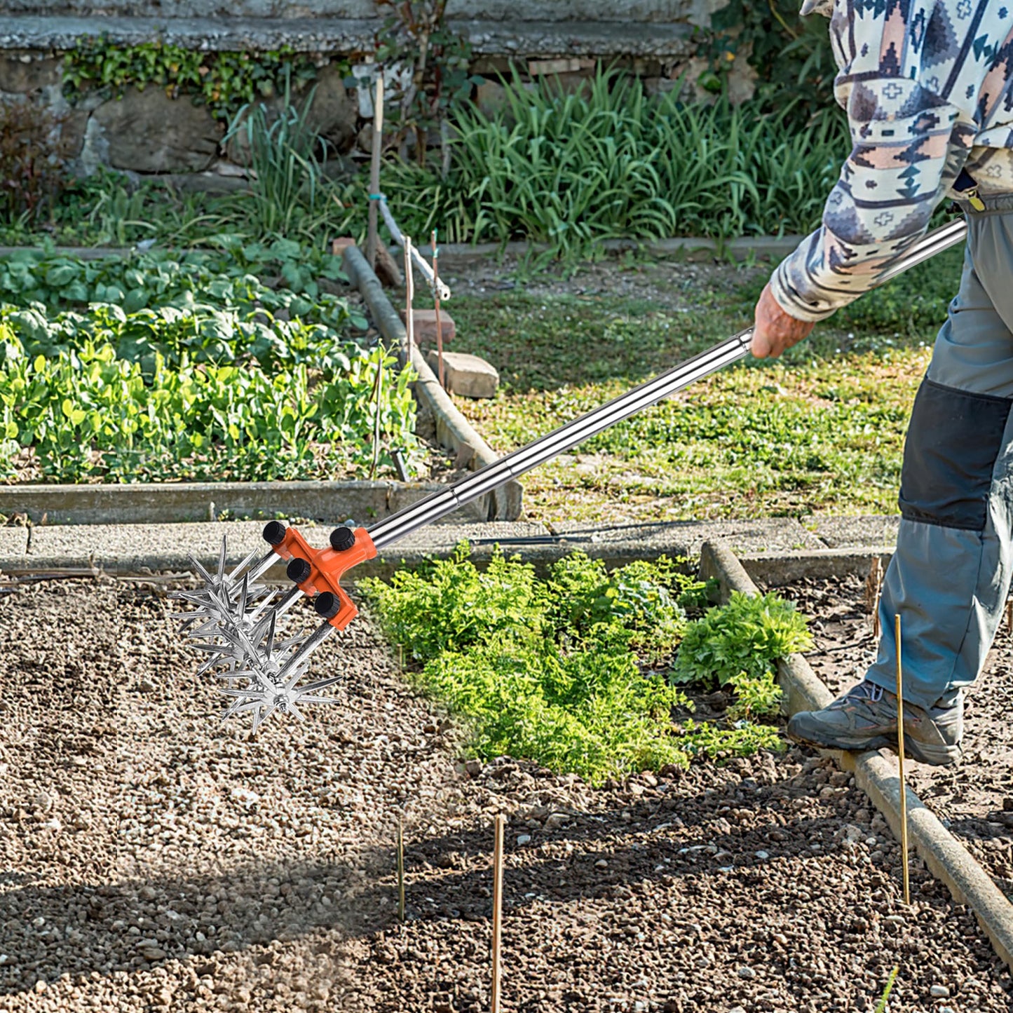 BARAYSTUS Rotary Cultivator Garden Rotary Tiller Adjustable Stainless Steel Poles Hand Tiller for Soil Mixing or Reseeding Grass Lawn Cultivator Total Length 57 Inch.