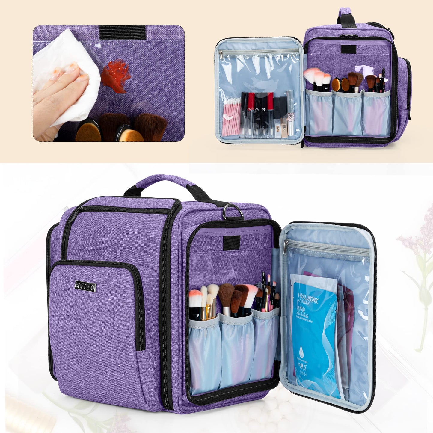 BAFASO Large Makeup Artist Bag Cosmetic Bag with 4 Inner Removable Pouches, Multifunctional Hair Bag to Keep Makeup and Hair Supplies, Purple