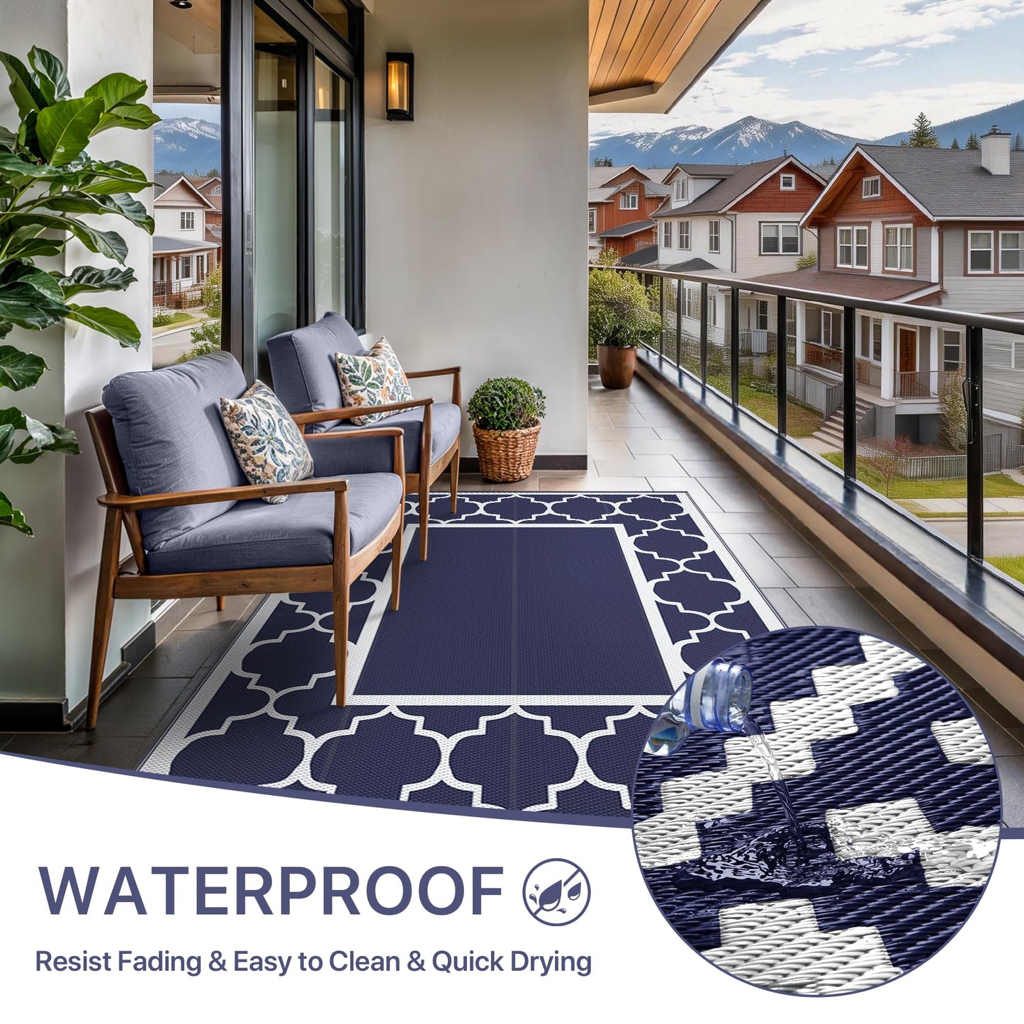 GENIMO Outdoor Rug Waterproof for Patio Decor, Foldable Reversible Plastic Straw Area Rugs Mat for Camper, Outside Carpet for Rv, Deck, Porch, Picnic, Beach, Balcony