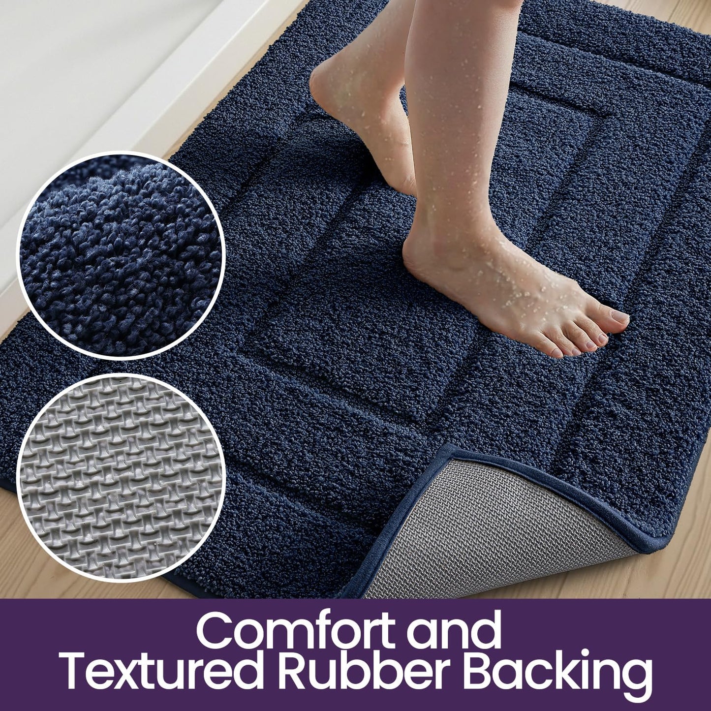 DEXI Bath Mat Non Slip, 24x36 Absorbent Microfiber Soft Bathroom Rug, Machine Washable Carpet for Shower Floor Bathmat Decor, Navy