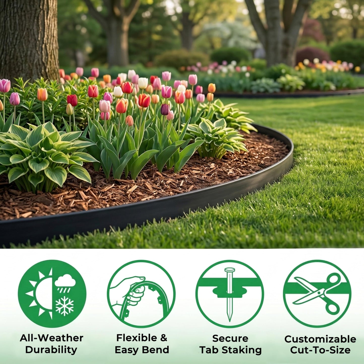 Gardzen 1.5" x 100' Landscape Edging Kit, Garden Edging Coil Comes with 120 Pcs Spikes, No Dig Lawn Border Design