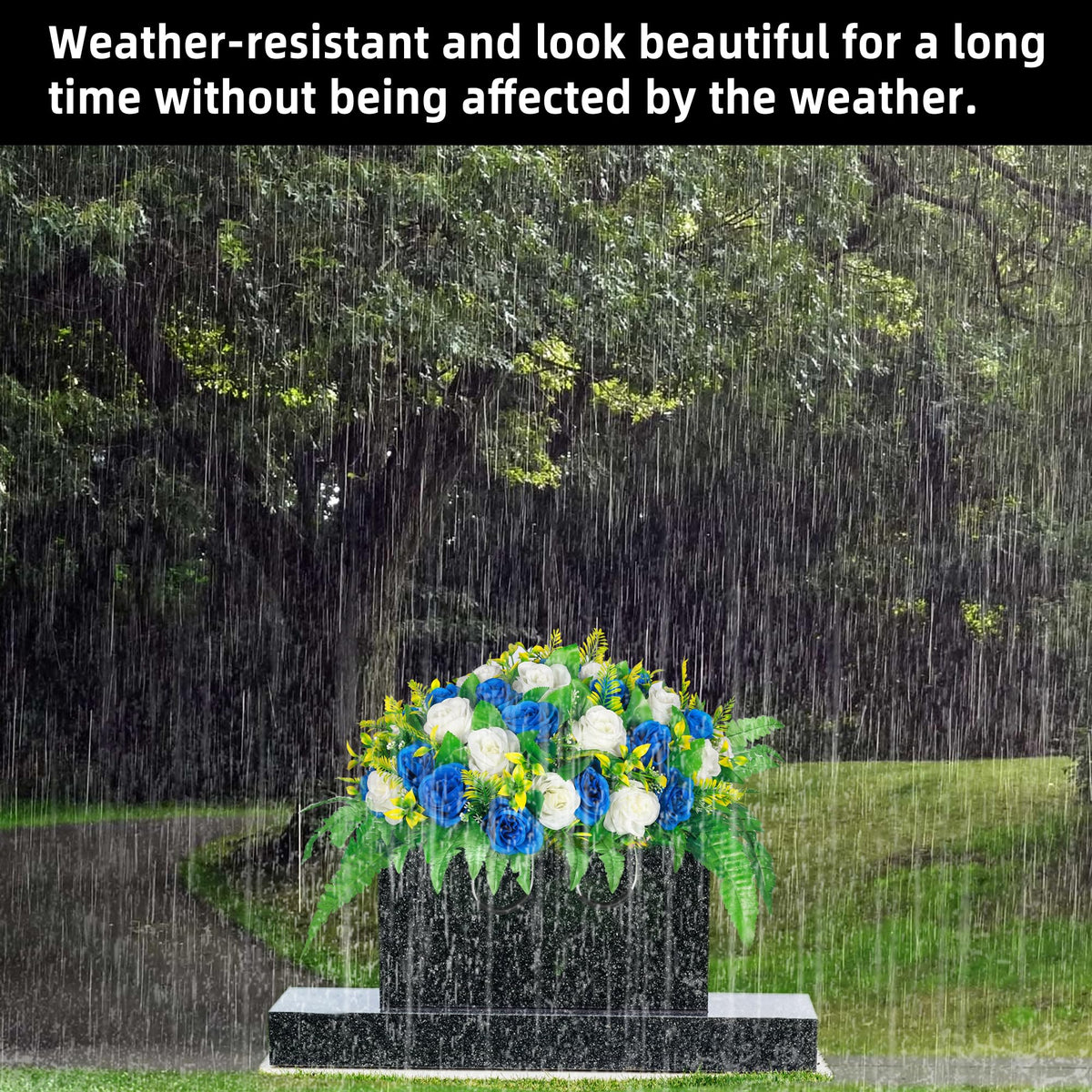 Lodou Artificial Cemetery Flowers, Silk Flower Arrangement,Artificial Rose Bouquet Grave Memorial Flowers with Headstone Saddle for Graveyard Headstones Decoration (1, Blue and White)