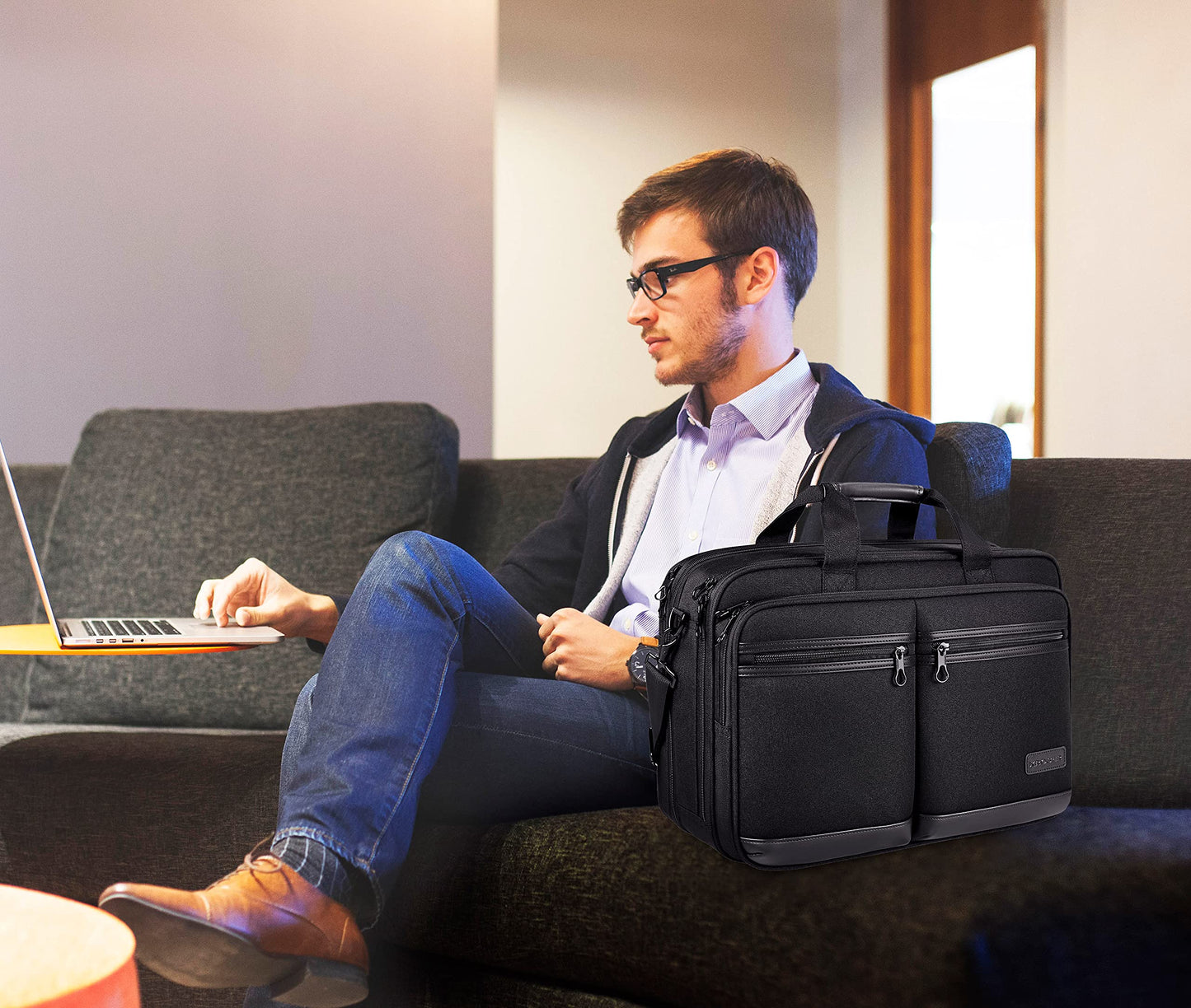 KROSER Laptop Bag Stylish Laptop Briefcase Fits Up to 17.3 Inch Expandable Water-Repellent Shoulder Messenger Bag Computer Bag with RFID Pockets for Business/Travel/School/College/Men/Women-Black