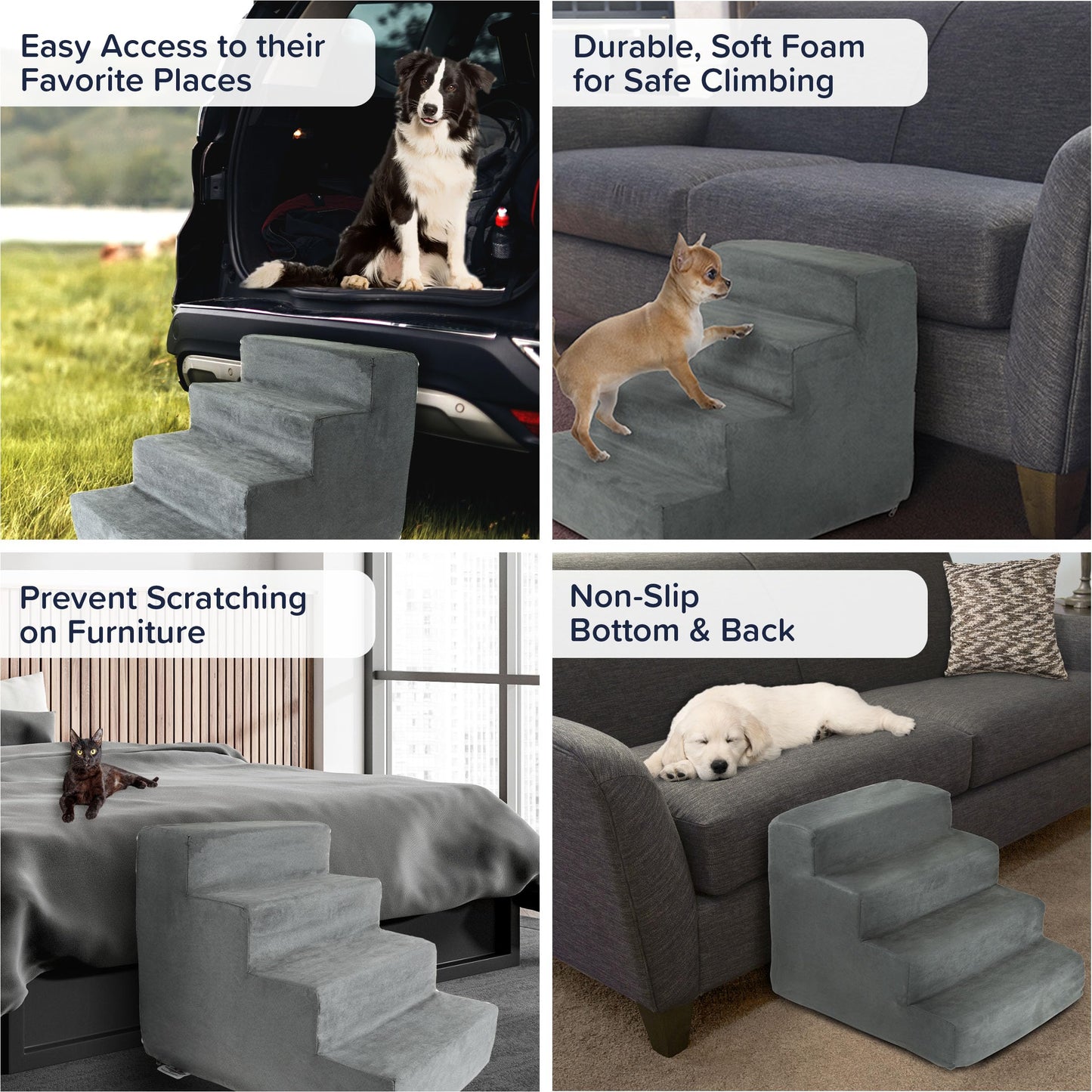 PETMAKER Dog Stairs for Small Dogs - 4-Step Dog Steps for High Bed and Couch - Pet Stairs with Nonslip Bottom, High-Density Foam, and Removable Washable Cover - Cat and Dog Furniture, Gray