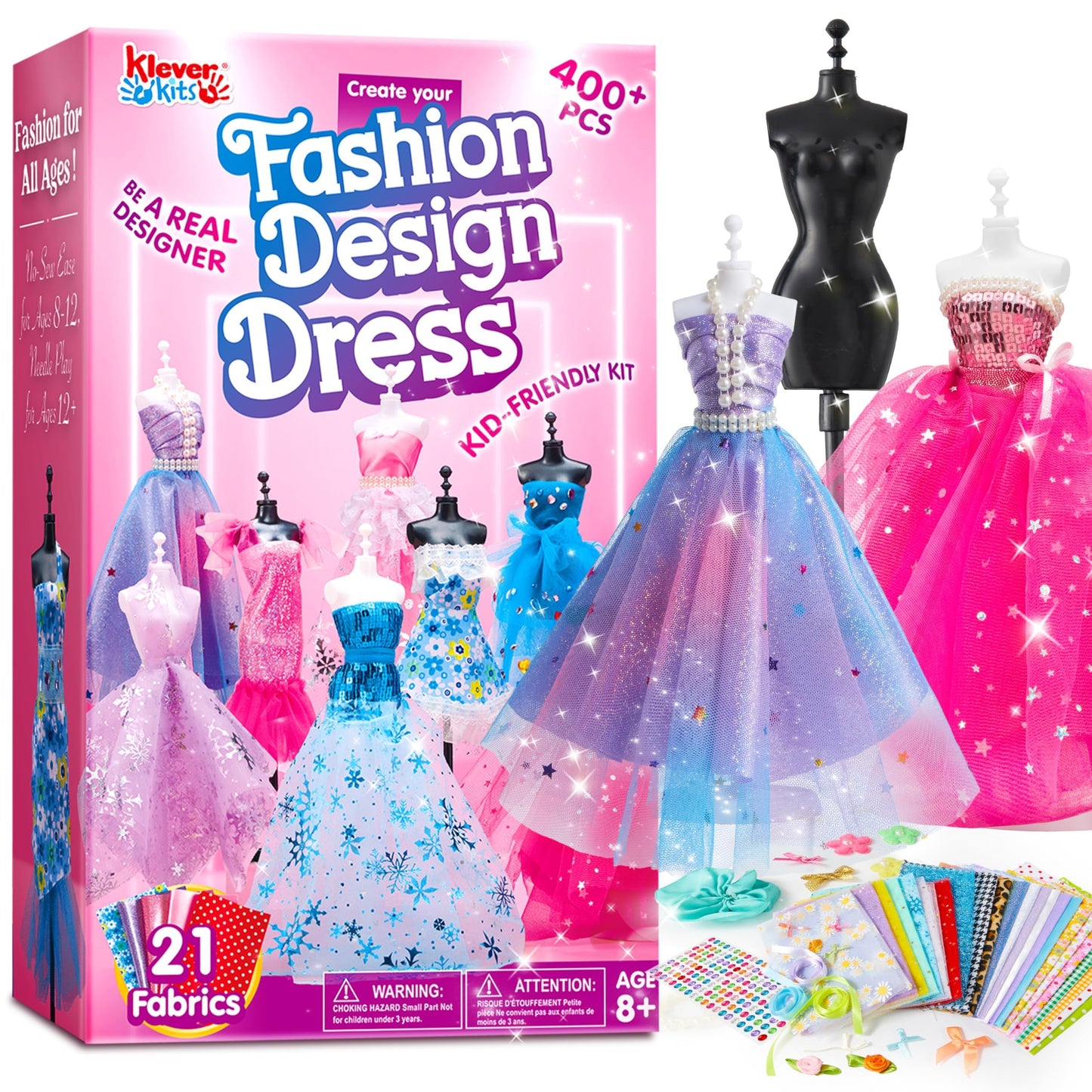 Klever Kits 400+PCS Fashion Design Crafts for Kids Art and Crafts Toy DIY Sewing Crafts with 3 Mannequins for Girls Aged 8-12，Christmas Toys Gifts for Kids