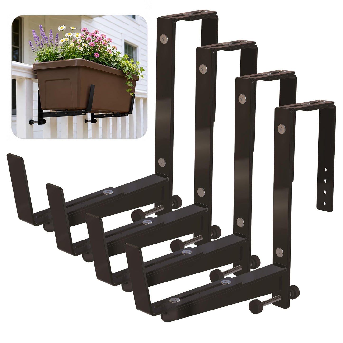 Window Box Brackets for Railing- 4 Pcs Adjustable Planter Box Brackets- Sturdy, Stable Flower Box Brackets for Railings, Balconies and Fences- Upright Railing Plant Holder Brackets (Black 4 Pack)