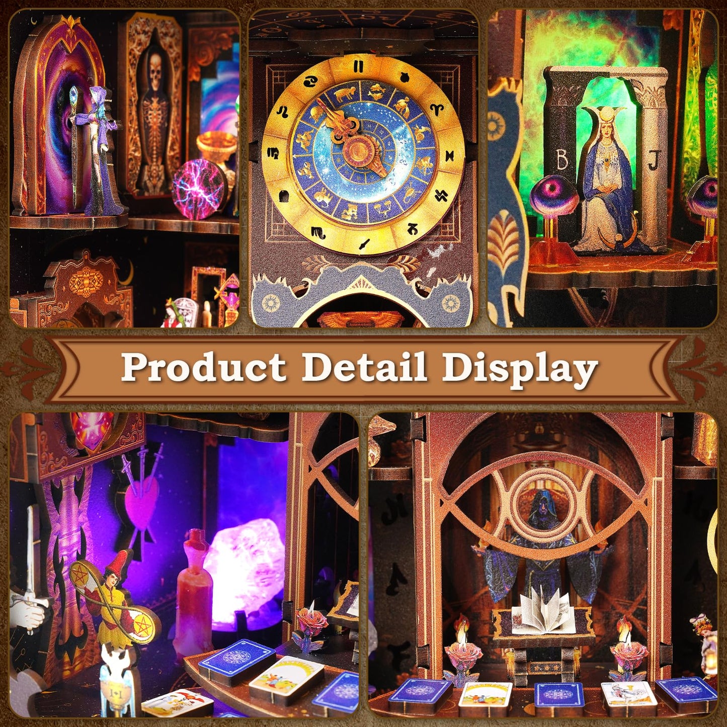 Book Nook Kit - DIY Miniature Dollhouse with LED Lights for Adults & Teens, Fantasy Tarot-Themed 3D Wooden Bookshelf Decor, for Craft Lovers