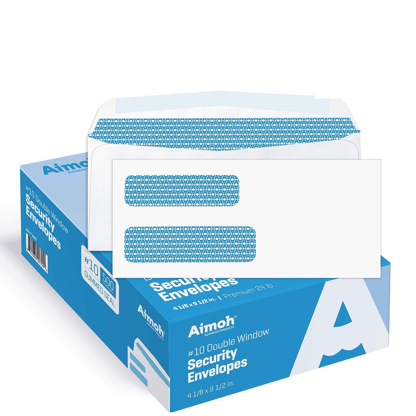Aimoh 500#10 Double Window Security Business Mailing Envelopes - for Invoices, Statements and Legal Documents - GUMMED Closure, Security Tinted - Size 4-1/8 x 9-1/2 - White - 24 LB - 500 Count (30101)