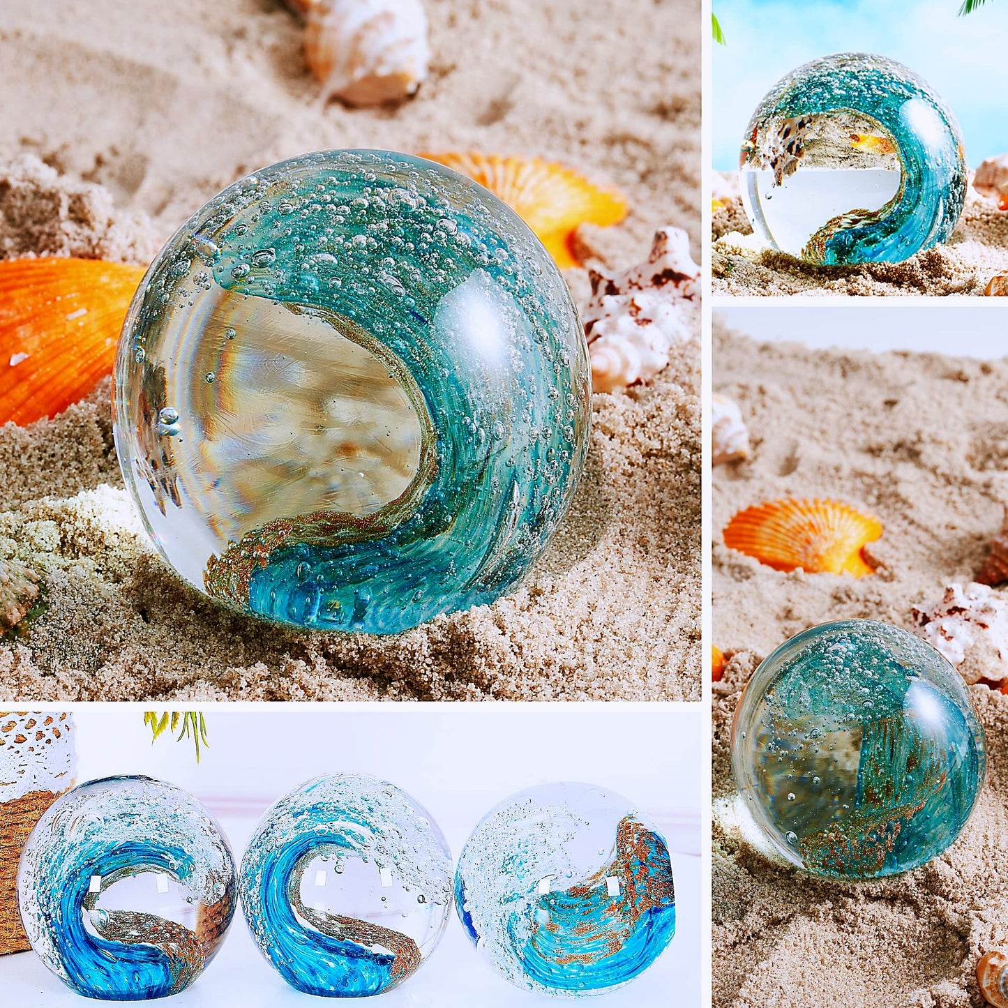 Hand Blown Glass Figurines Ball Ocean Waves,Office Paperweight Glass for Desk,Home Decor Collectible,Aquarium Decor,Office Decor Ocean Lovers