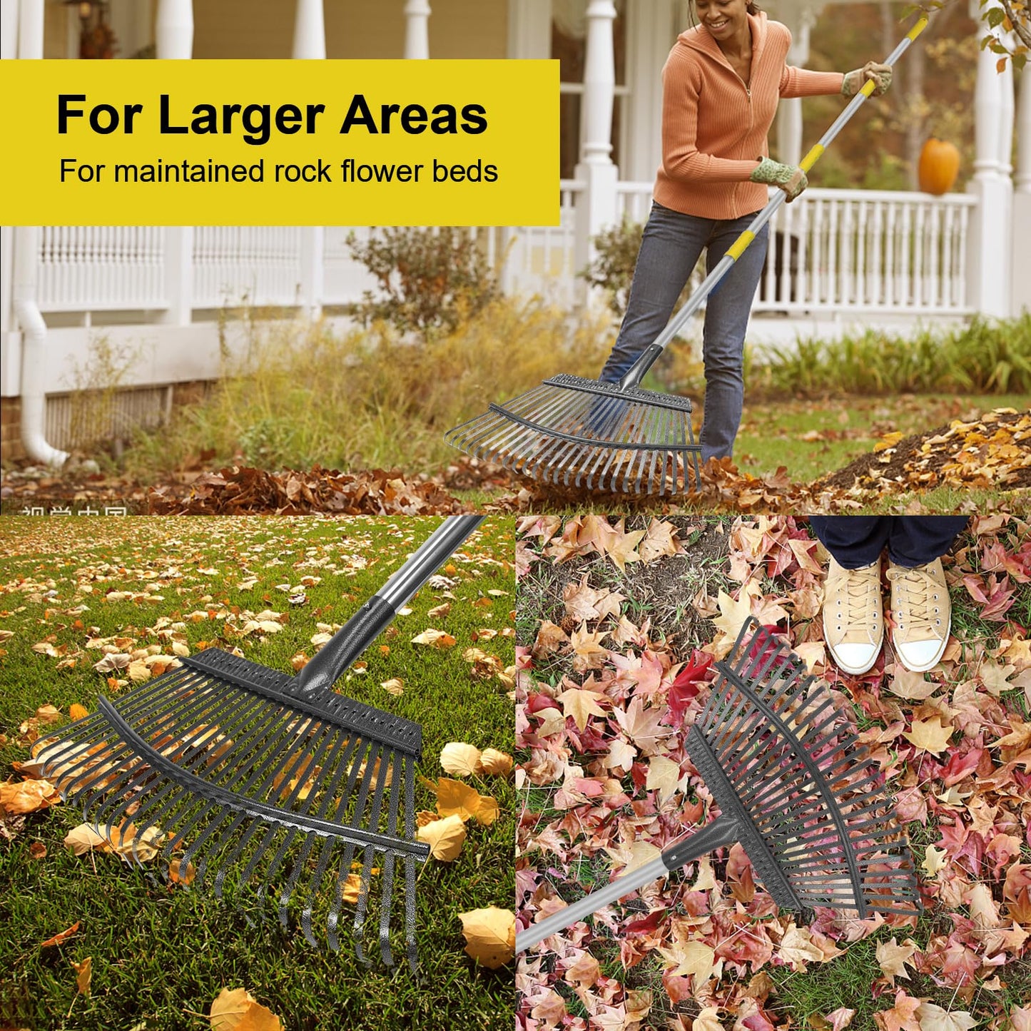 Stanew 5.4FT Heavy Duty Stainless Steel Garden Leaf Rake -Adjustable Length, 25 Tines Landscape Rake, Leaf Collector, and Leaf Scoops for Yarn Thatch, Gathering Leaves, Farming, Herb Garden and More