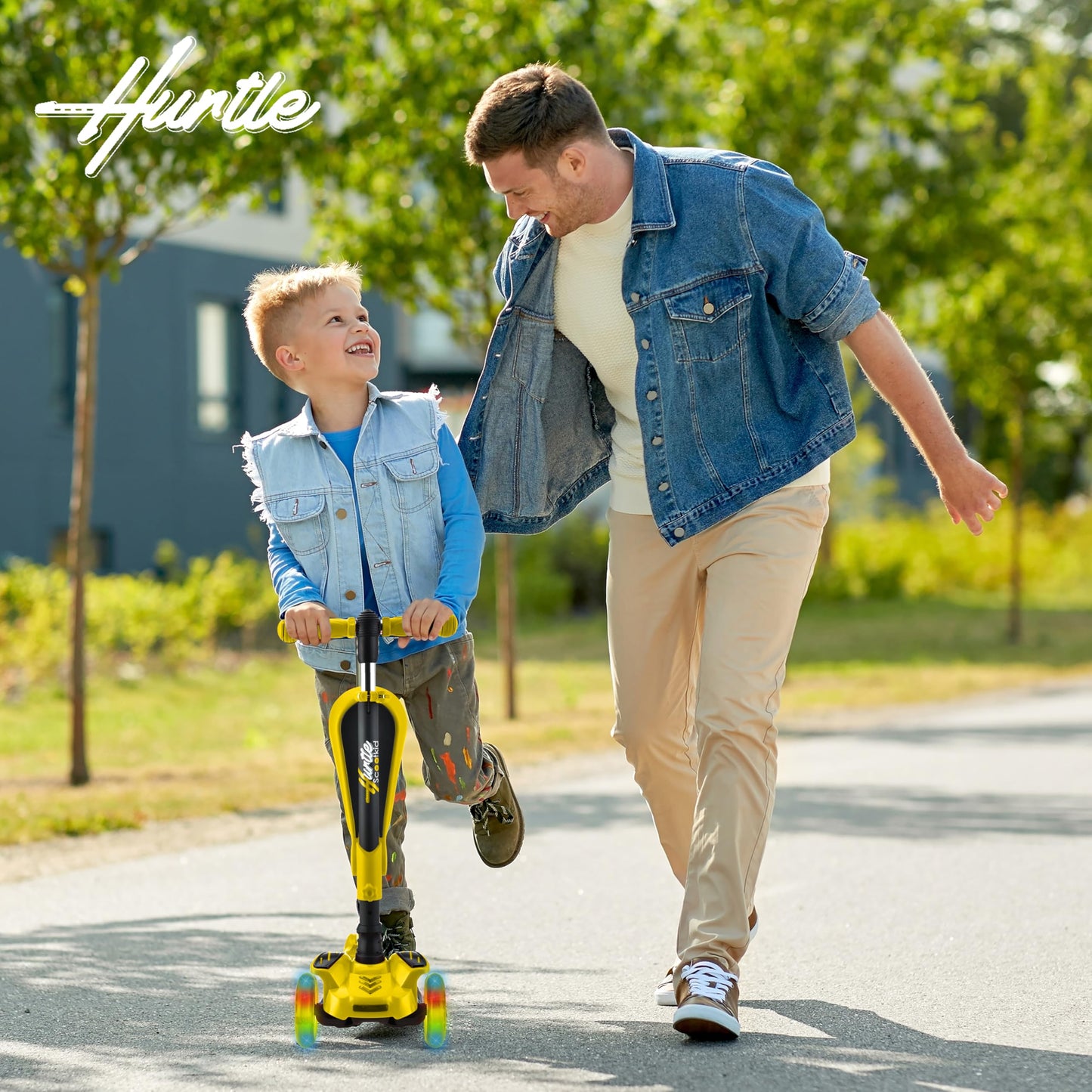 Hurtle 3-Wheeled Kids Scooter - Wheel LED Lights, Adjustable Lean-to-Steer Handlebar, and Foldable Seat - Sit or Stand Ride with Brake for Boys and Girls Ages 1-14 Years Old, Yellow