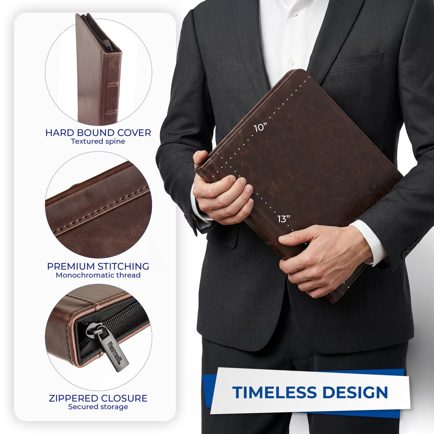 Samsill 70836 Vintage Hardback Portfolio with Zippered Closure, 8.5 inch x 11 inch Writing Pad, Dark Brown