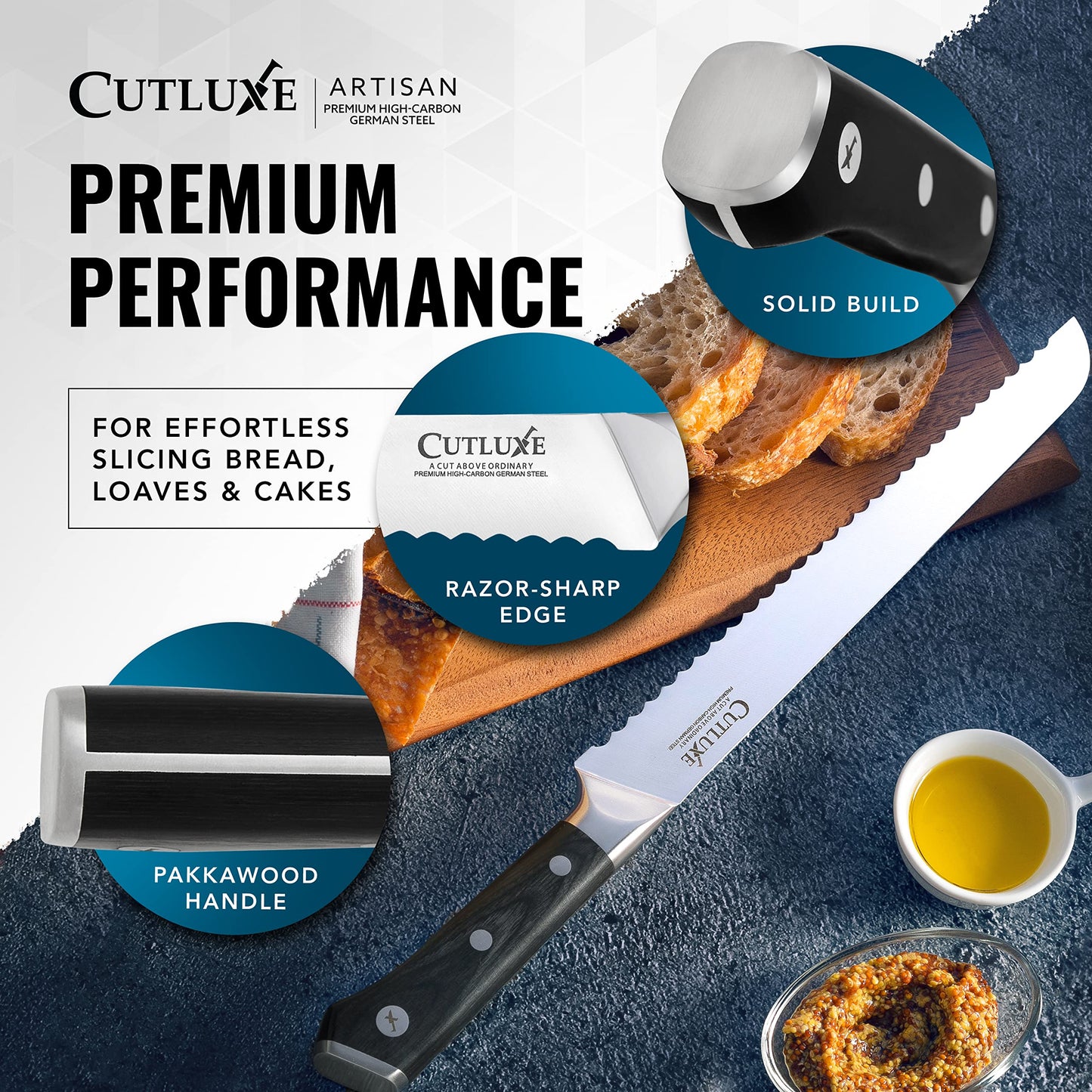 Cutluxe Bread Knife, 10" Serrated Knife, Perfect for Homemade, Sourdough Bread – High Carbon German Steel, Full Tang, Ergonomic Handle Design – Artisan Series