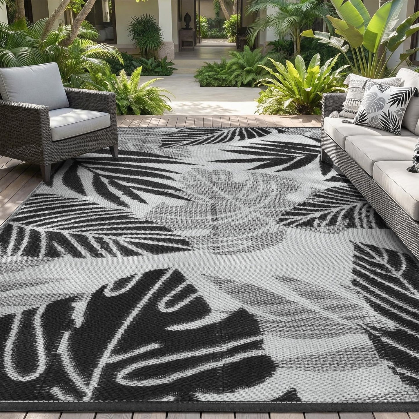 Outdoor Rug-Patio Rug 5x8 ft Waterproof Outdoor Carpet Reversible Portable Outdoor Patio Rugs Camping Mat for Patio Camping Rv Picnic Backyard Deck Balcony Beach Rug,Grey & Black
