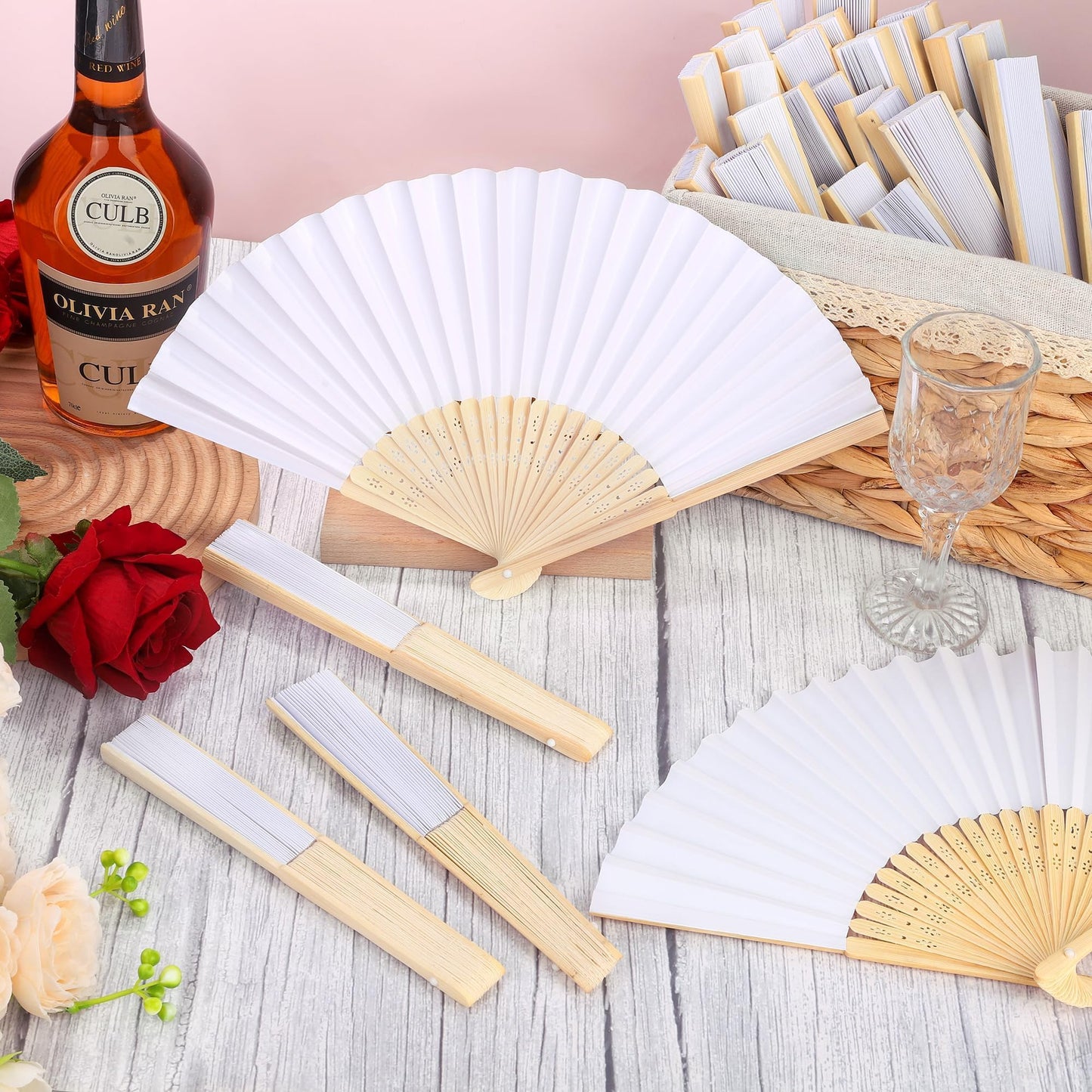 Aodaer 100 Pieces White Paper Fans Folding Fans with Foldable Storage Basket Bamboo Handheld Fans for Guests Wedding Bridal Party Favor Baby Shower Decoration DIY Supplies