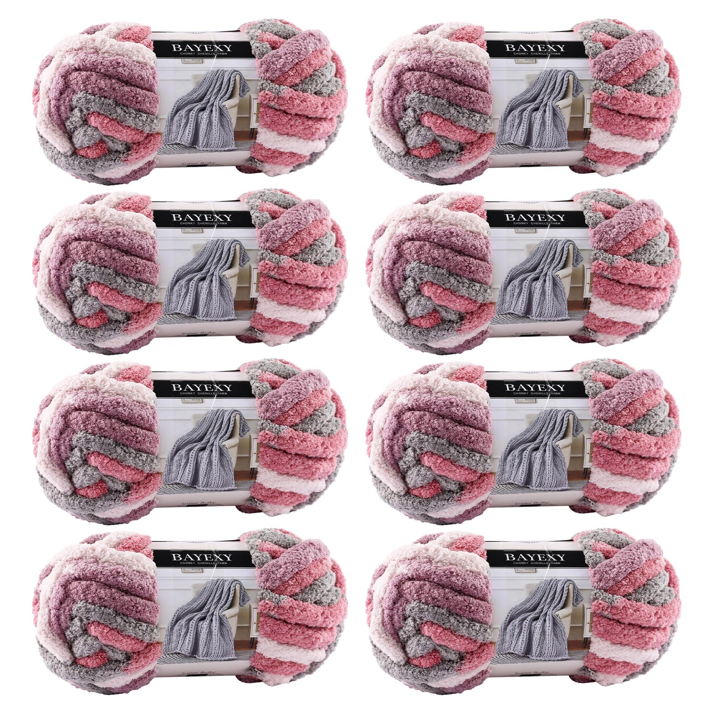 BAYEXY Chunky Chenille Yarn for Hand Knitting 8 Jumbo Pack Jumbo Chunky Yarn for Hand Soft Blanket Knitting, Bulky Thick Fluffy Yarn for Crocheting (Cherry Blossom)