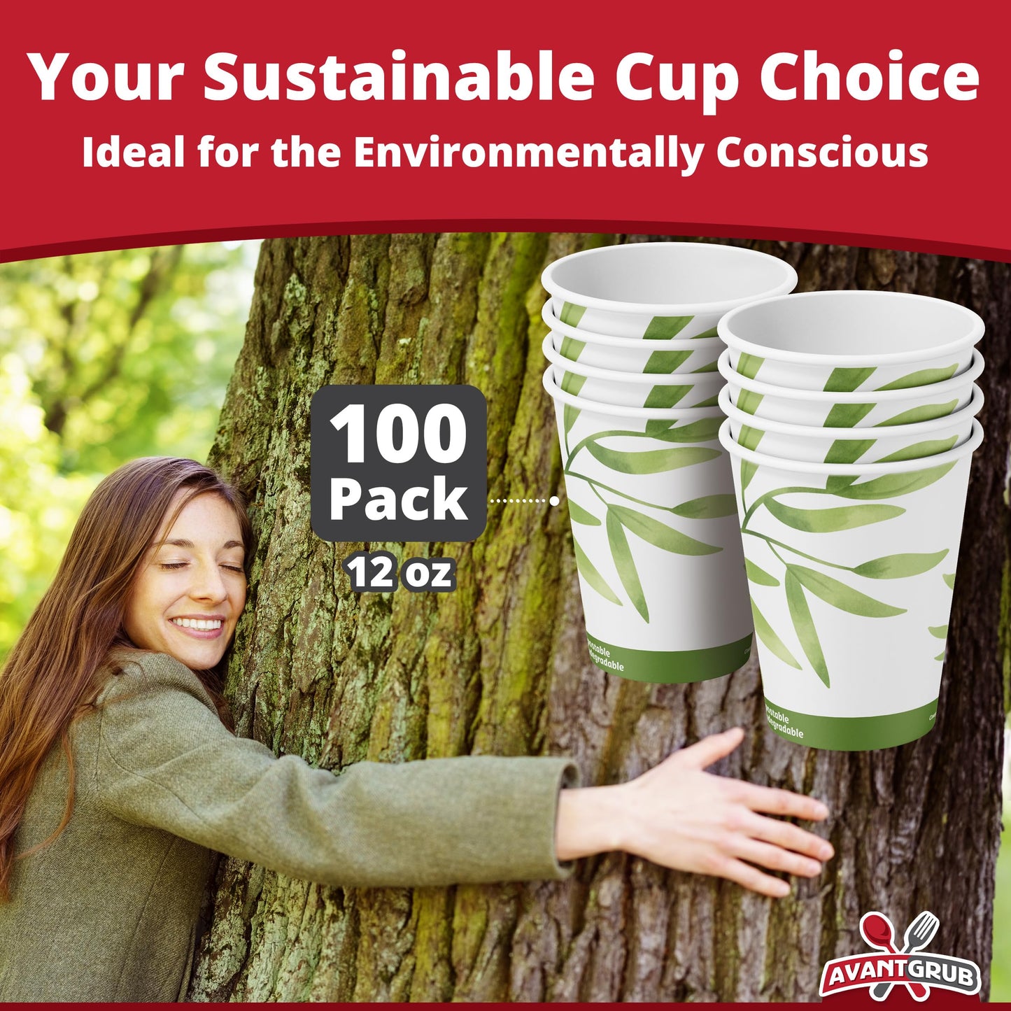Avant Grub Biodegradable & Compostable 12 Oz Paper Coffee Cups. 100 Pack. Medium Sized, PLA Lined Disposable Beverage Cups For Hot & Cold Drinks. For Shops, Kiosks, Concession Stands & More.