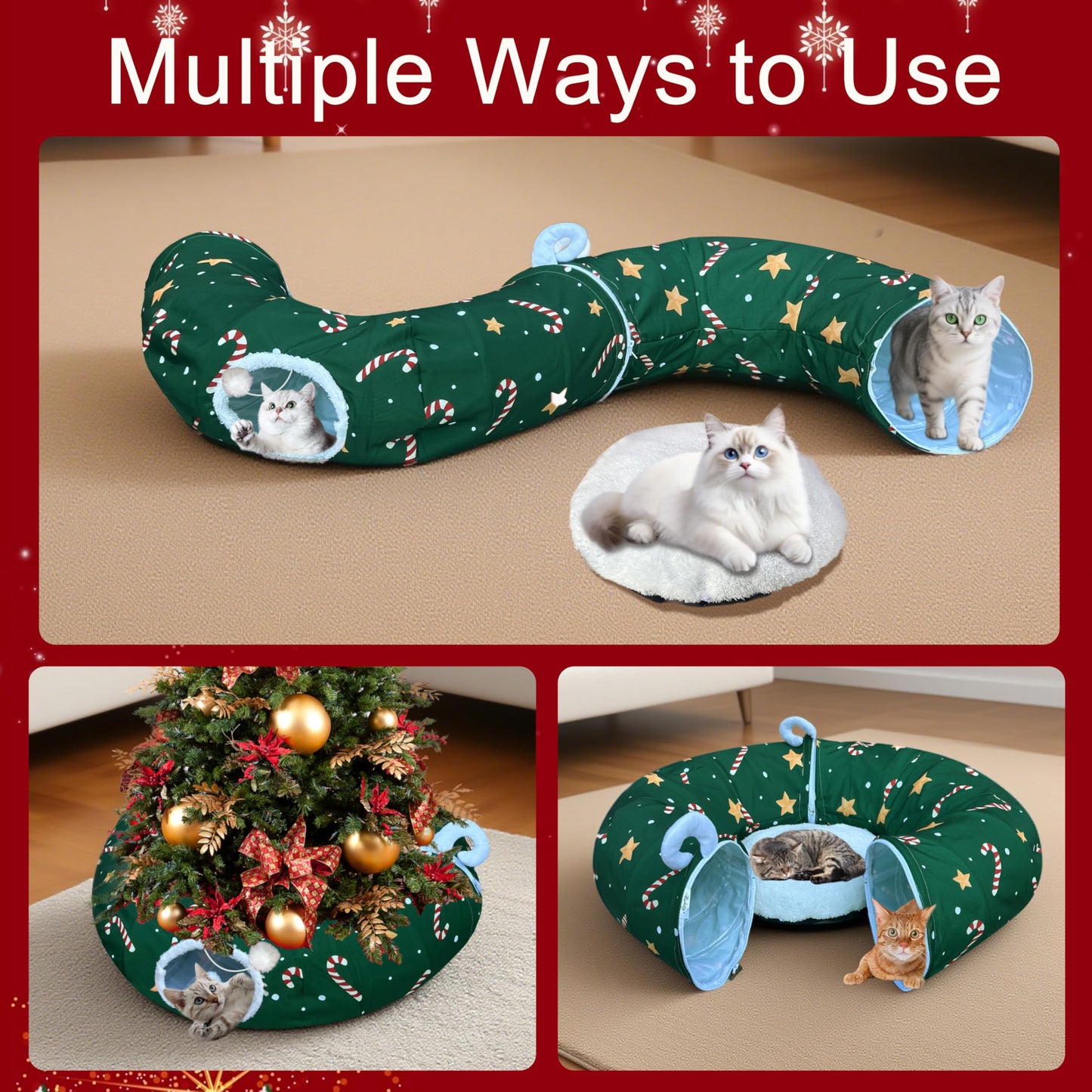 LUCKITTY Cat Tunnel Bed in Christmas Style with Star, Crutches Candy, and Snowflakes Patterns - 3FT x 3FT x 9.8 INCH Size Green Decorative for Festive Felines