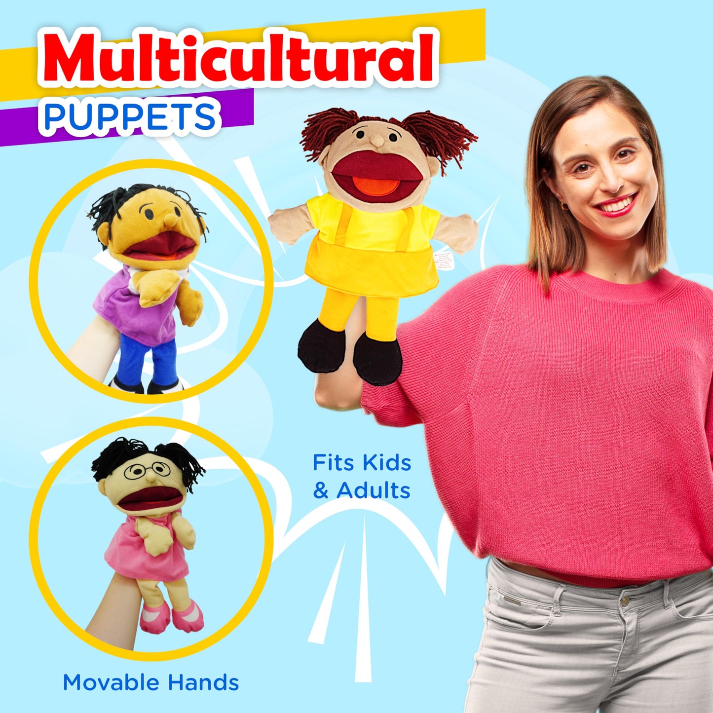 8 Hand Puppets for Kids, Multicultural Puppets with Movable Mouth (8 Pack) Bulk Soft Plush Puppets, School Home Puppet Theater Shows Toys, Teachers Classroom Supplies