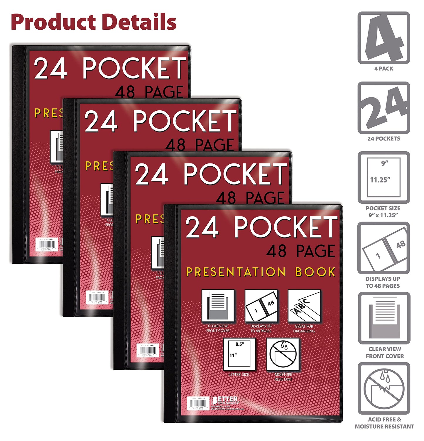 Better Office Products 24 Pocket Bound Presentation Book, Black, Clear View Front Cover, 48 Sheet Protector Pages, 8.5" x 11" Sheets, Art Portfolio, Durable Poly Covers, Letter Size (4 Pack)