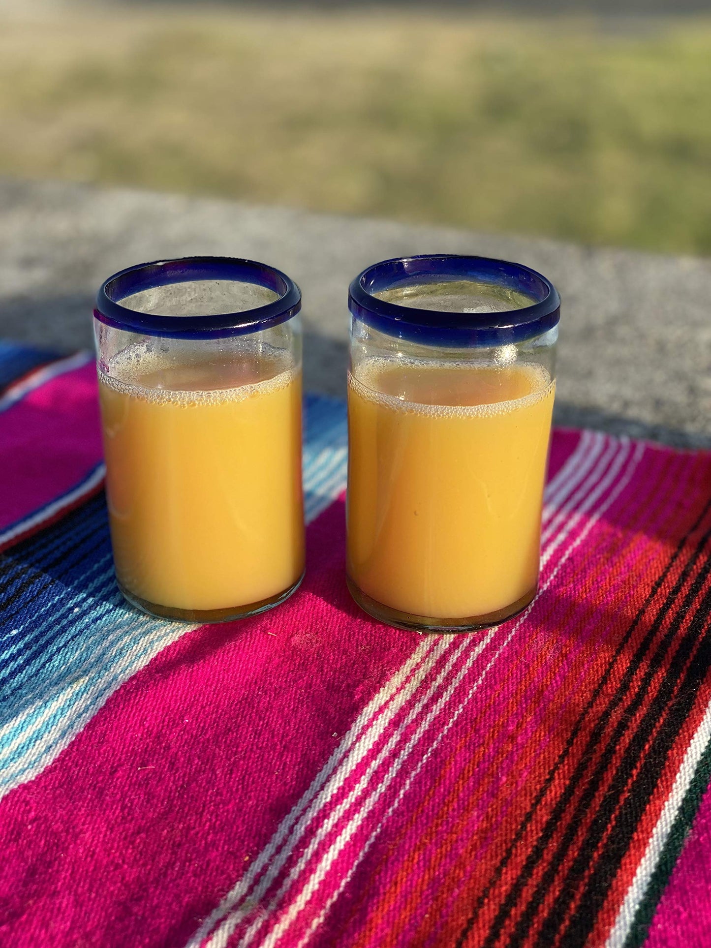 Dos Sueños - Hand Blown Mexican Tumblers - Set of 6 Glass Juice Glasses with Cobalt Blue Rims, 8oz (237ml)