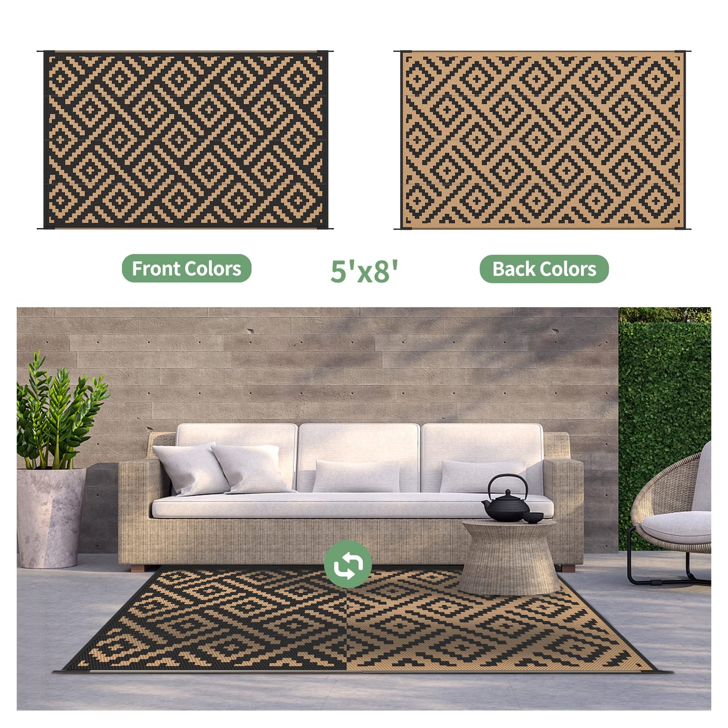 GENIMO 5'x8' Outdoor Rug Waterproof, Reversible Camping Mat, Plastic Straw Rugs for Patio, RV, Camper, Balcony, Backyard, Picnic, Deck (Black & Brown)